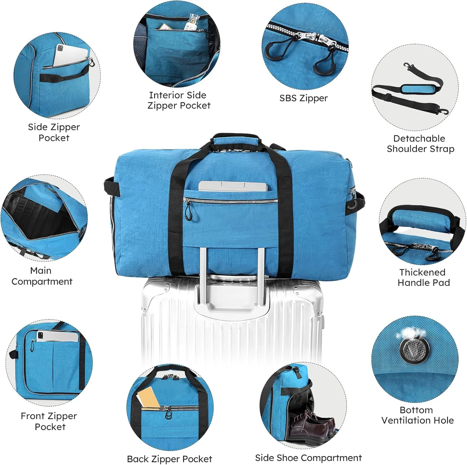 120L 31" Foldable Duffle Bag with Shoe Compartment,Lightweight Water Resistant Packable Travel Bag,Blue