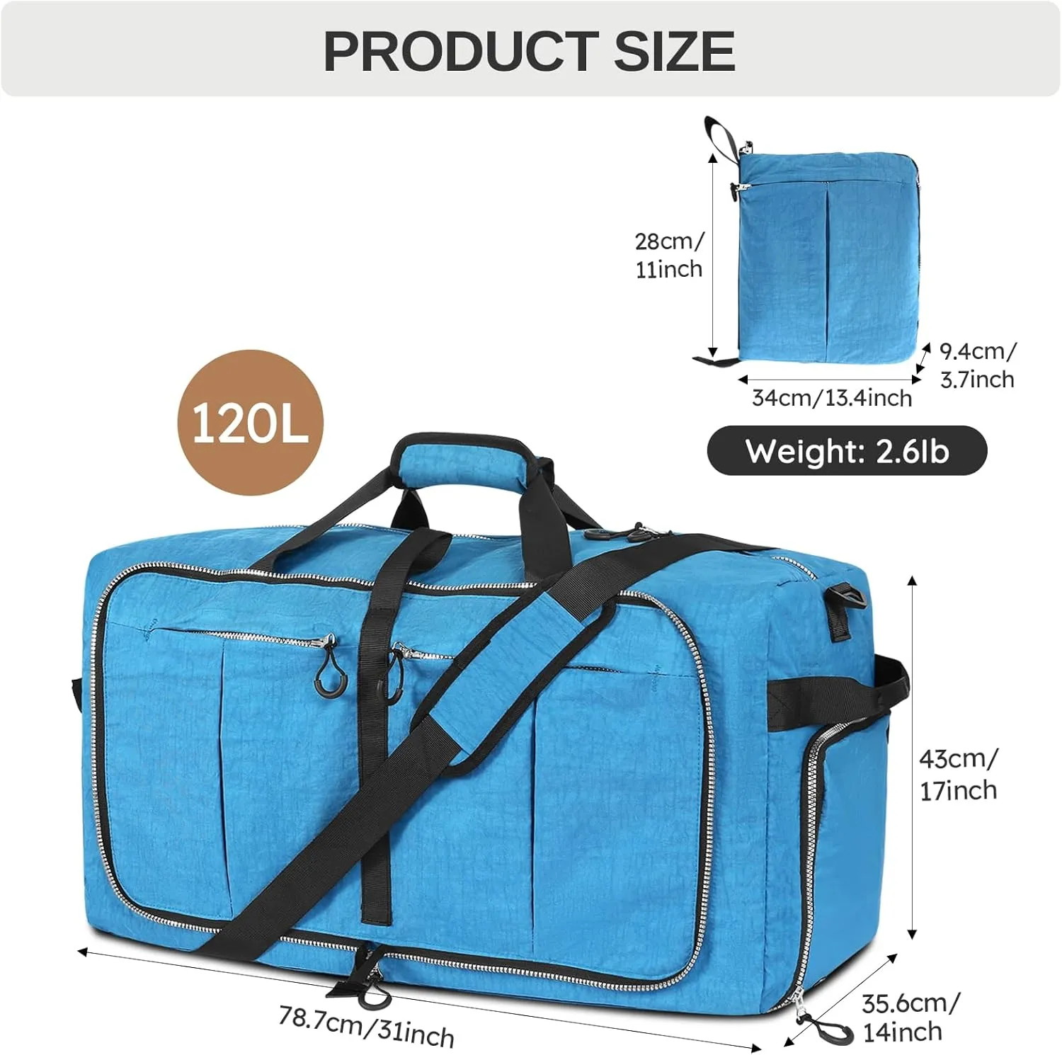 120L 31" Foldable Duffle Bag with Shoe Compartment,Lightweight Water Resistant Packable Travel Bag,Blue