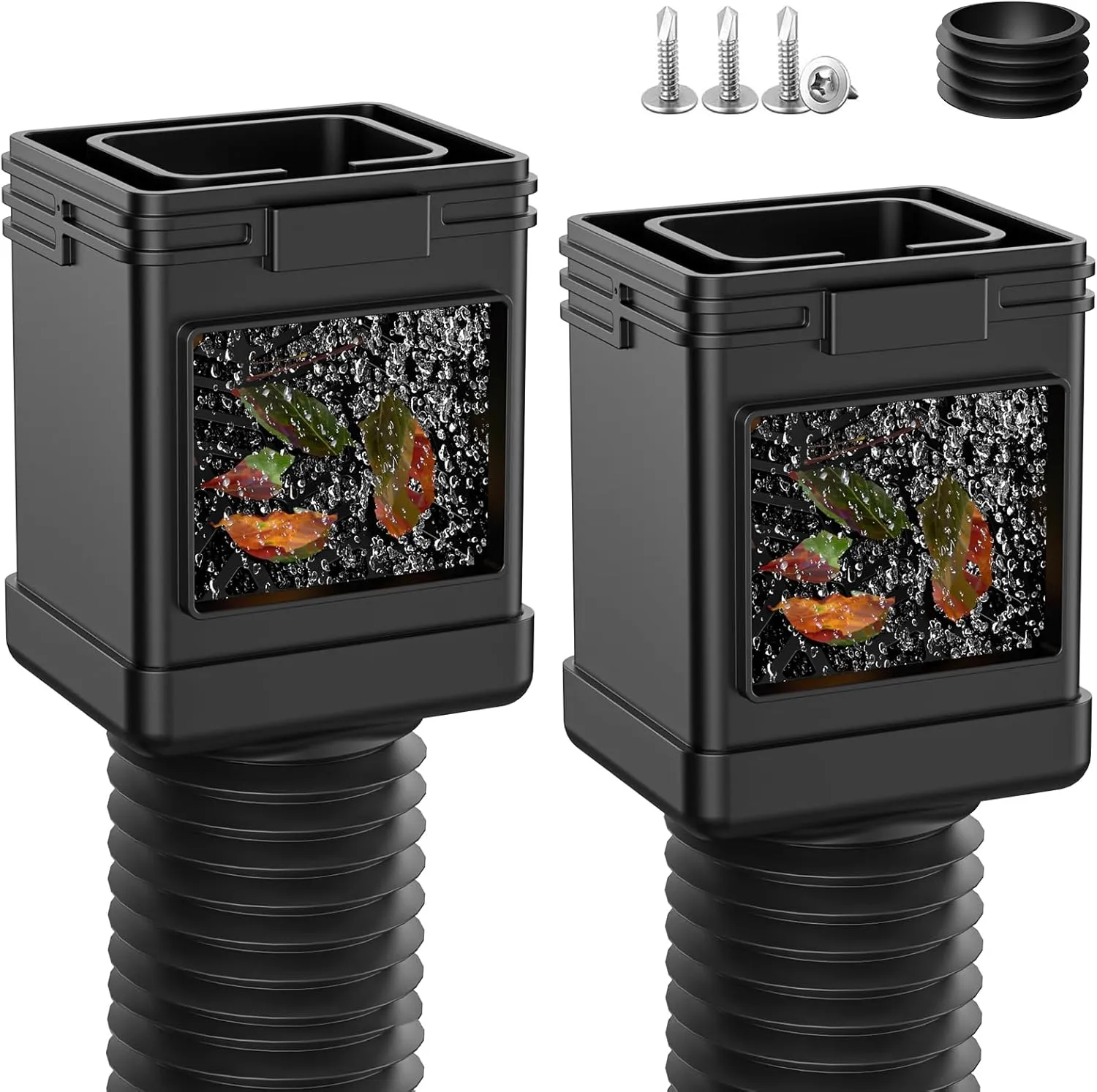 2-Pack Downspout Leaf Filter with Gutter Downspout Extensions, Flexible Down Spout Extension, Downspout Adapter Fit 2''×3'' and 3''×4'' Drain Pipe, Black