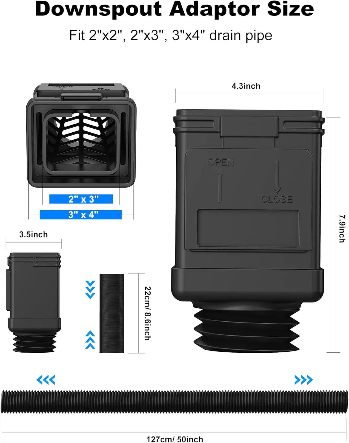 2-Pack Downspout Leaf Filter with Gutter Downspout Extensions, Flexible Down Spout Extension, Downspout Adapter Fit 2''×3'' and 3''×4'' Drain Pipe, Black
