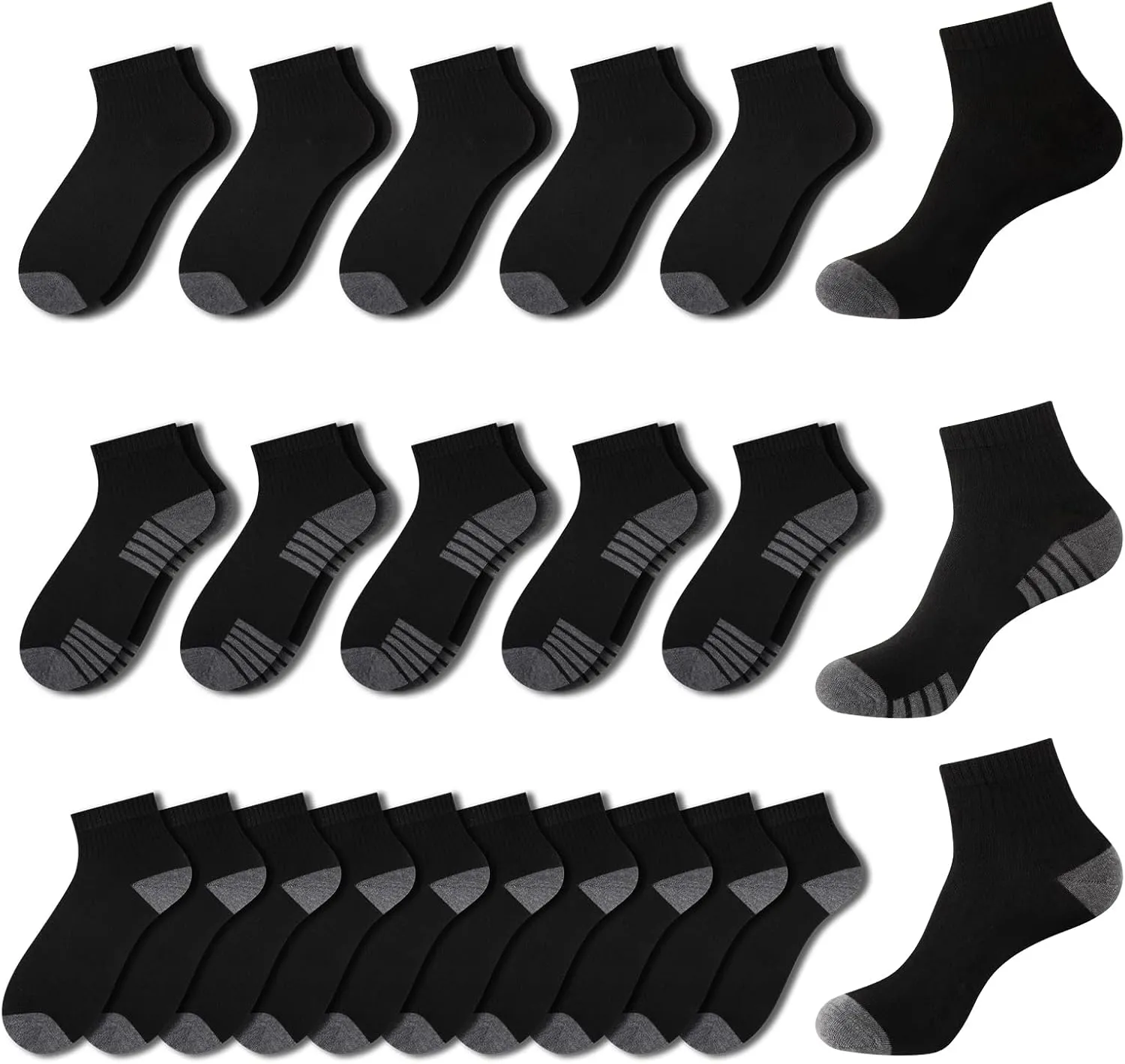 20 Pack 3 Styles Men's/Women's Ankle Socks Bulk - Breathable Thin Athletic Casual Socks, Fits Shoe Size 8-12