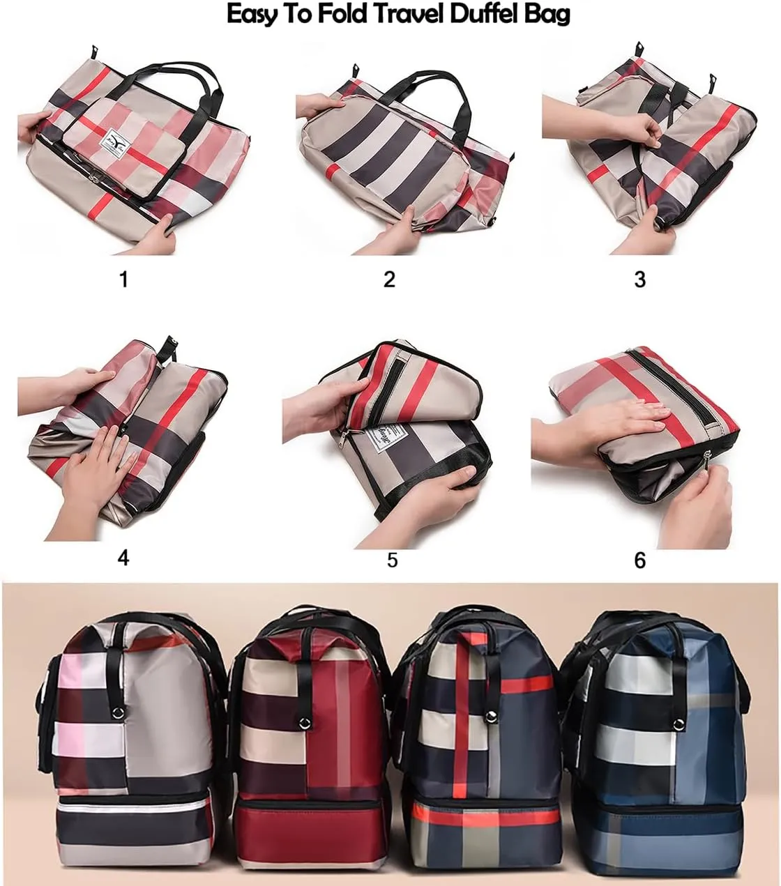 2022 New Foldable Dry/Wet Separation Travel Duffel Bag with Shoe Compartment Large Capacity Folding Weekender Overnight Bag Lightweight Waterproof Gym Tote Bag (B-Pink Khaki)