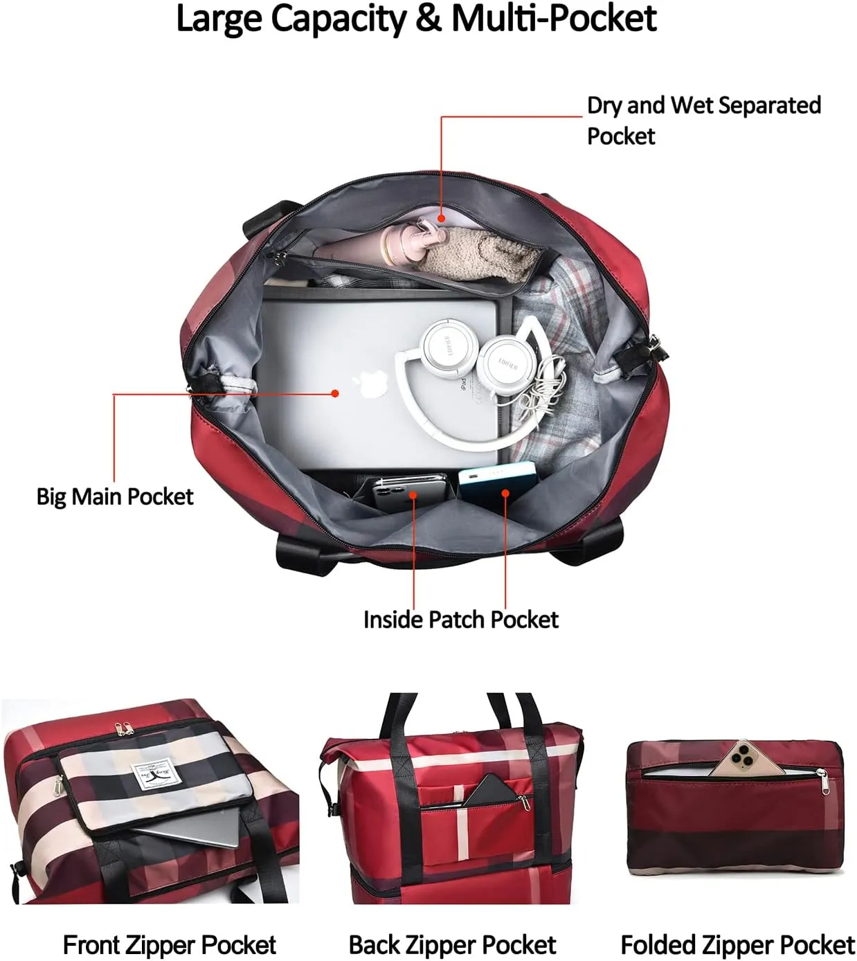 2022 New Foldable Dry/Wet Separation Travel Duffel Bag with Shoe Compartment Large Capacity Folding Weekender Overnight Bag Lightweight Waterproof Gym Tote Bag (B-Pink Khaki)