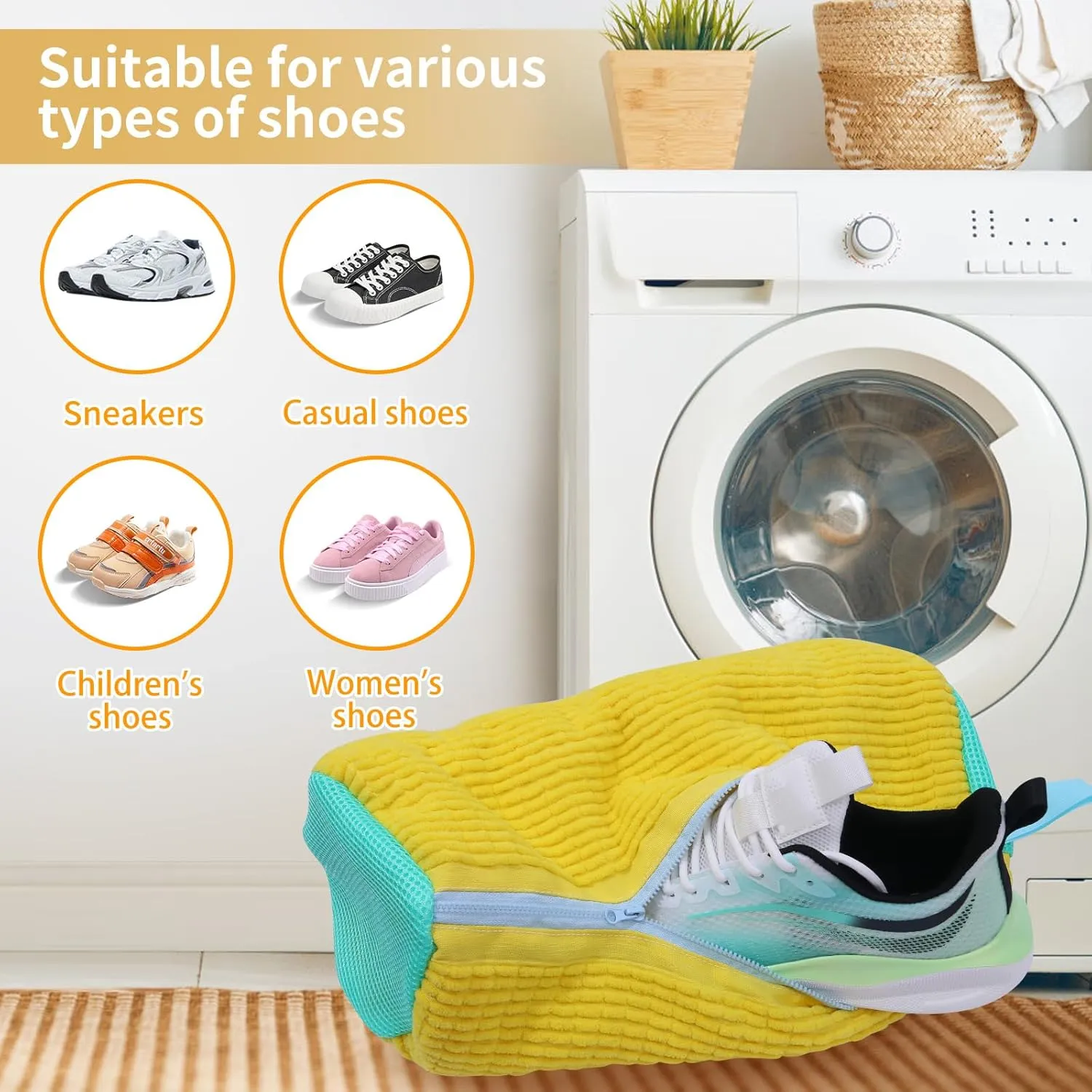 2Pcs Shoe Washing Machine Bag,Shoe Cleaning Bag for All Shoe Types,Laundry Shoe Bag for Washer and Dryer (Yellow)