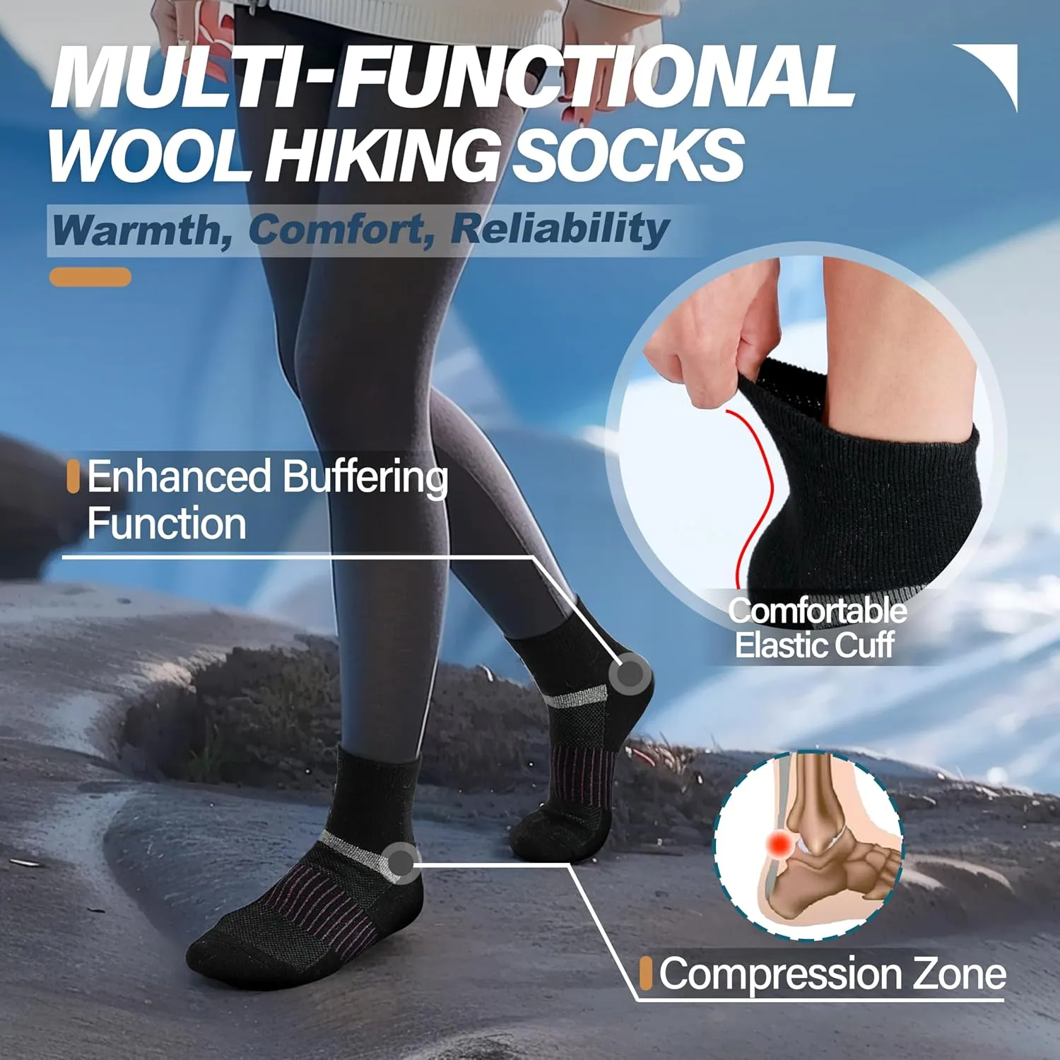 6 Pairs Merino Wool Ankle Running Hiking Socks Compression Support Breathable Thick Cushion No Show Socks for Women Men
