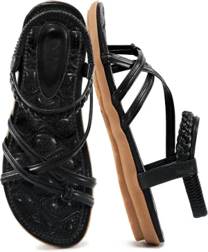 Alicegana Womens Sandals Dressy 2025 - Summer Comfortable Flat Shoes Gladiator Beach Walking Sandal Elastic Ankle Strap