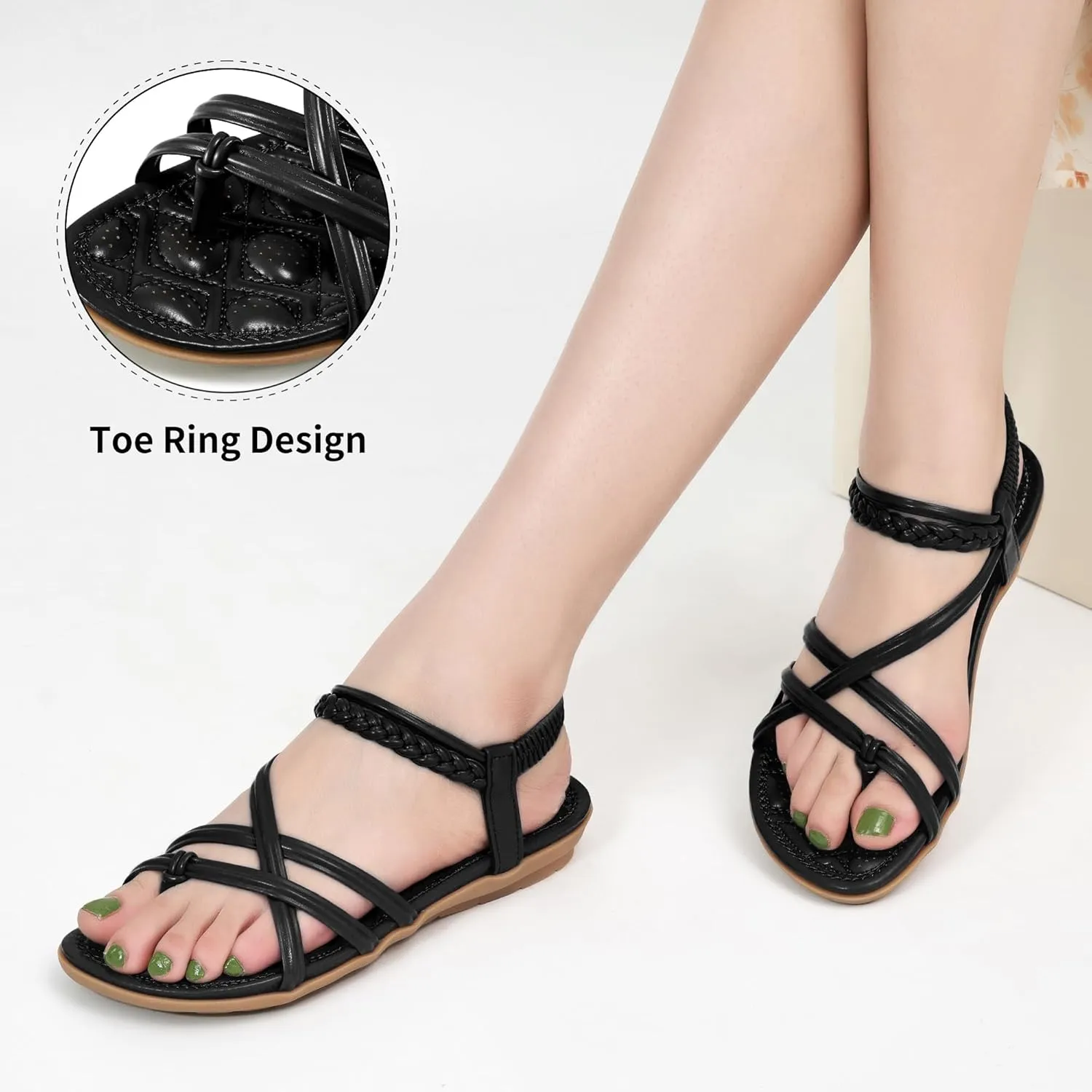Alicegana Womens Sandals Dressy 2025 - Summer Comfortable Flat Shoes Gladiator Beach Walking Sandal Elastic Ankle Strap