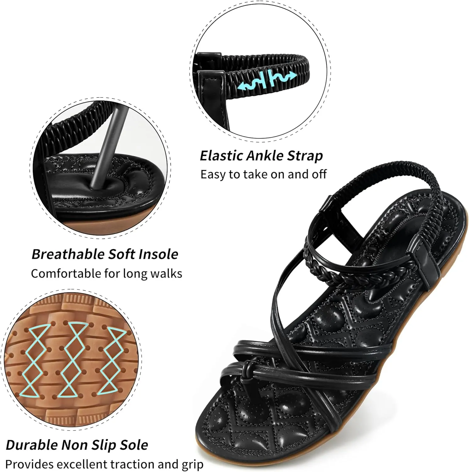 Alicegana Womens Sandals Dressy 2025 - Summer Comfortable Flat Shoes Gladiator Beach Walking Sandal Elastic Ankle Strap