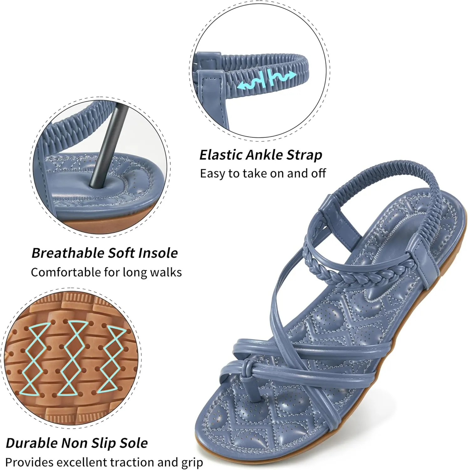 Alicegana Womens Sandals Dressy 2025 - Summer Comfortable Flat Shoes Gladiator Beach Walking Sandal Elastic Ankle Strap