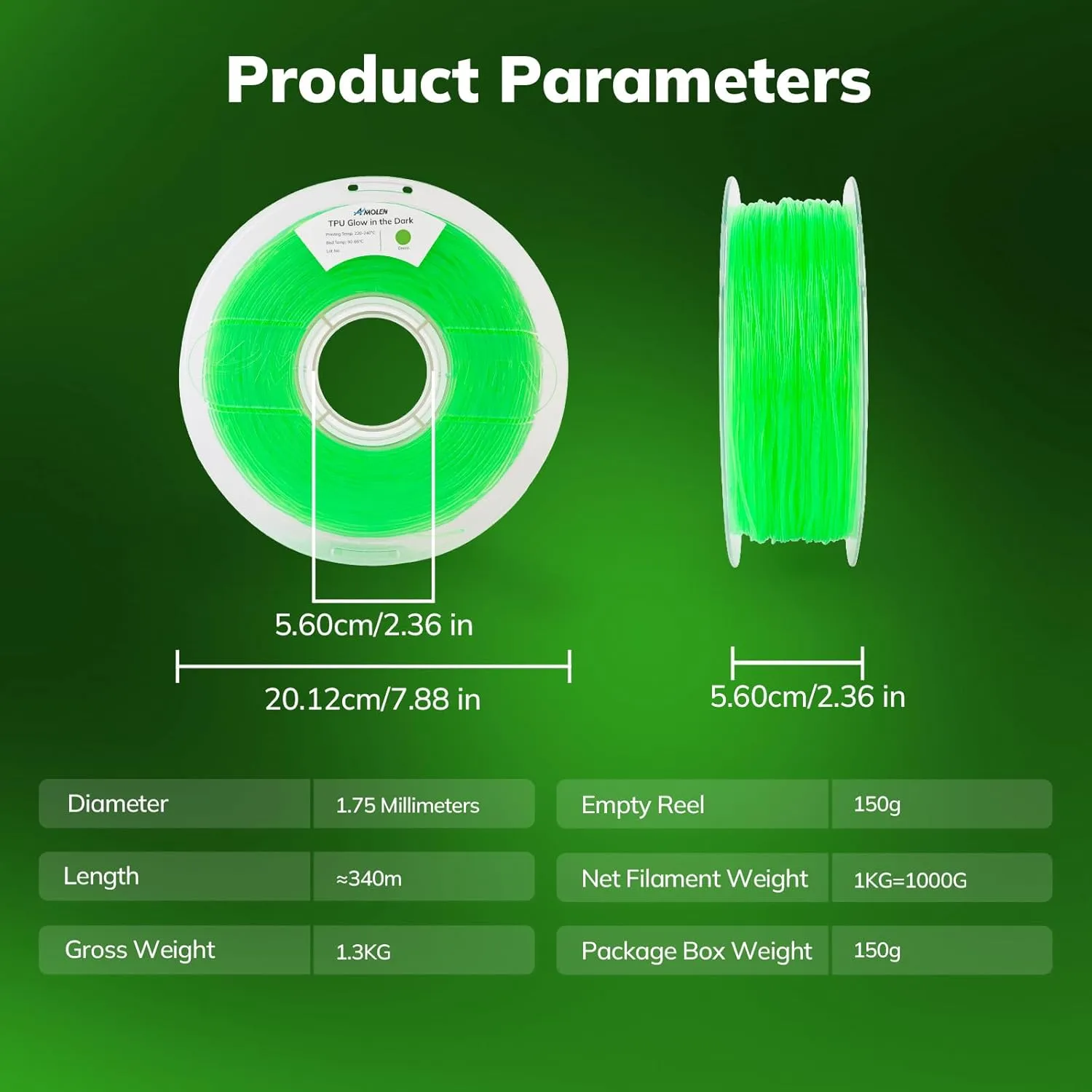 AMOLEN 95A TPU 3D Printer Filament, 1.75mm Glow in The Dark Green, Soft TPU Flexible 3D Printing Filament, High Hardness & Resilience, Best with UV Lamps, 1kg Spool(2.2lbs), Fit Most 3D Printers