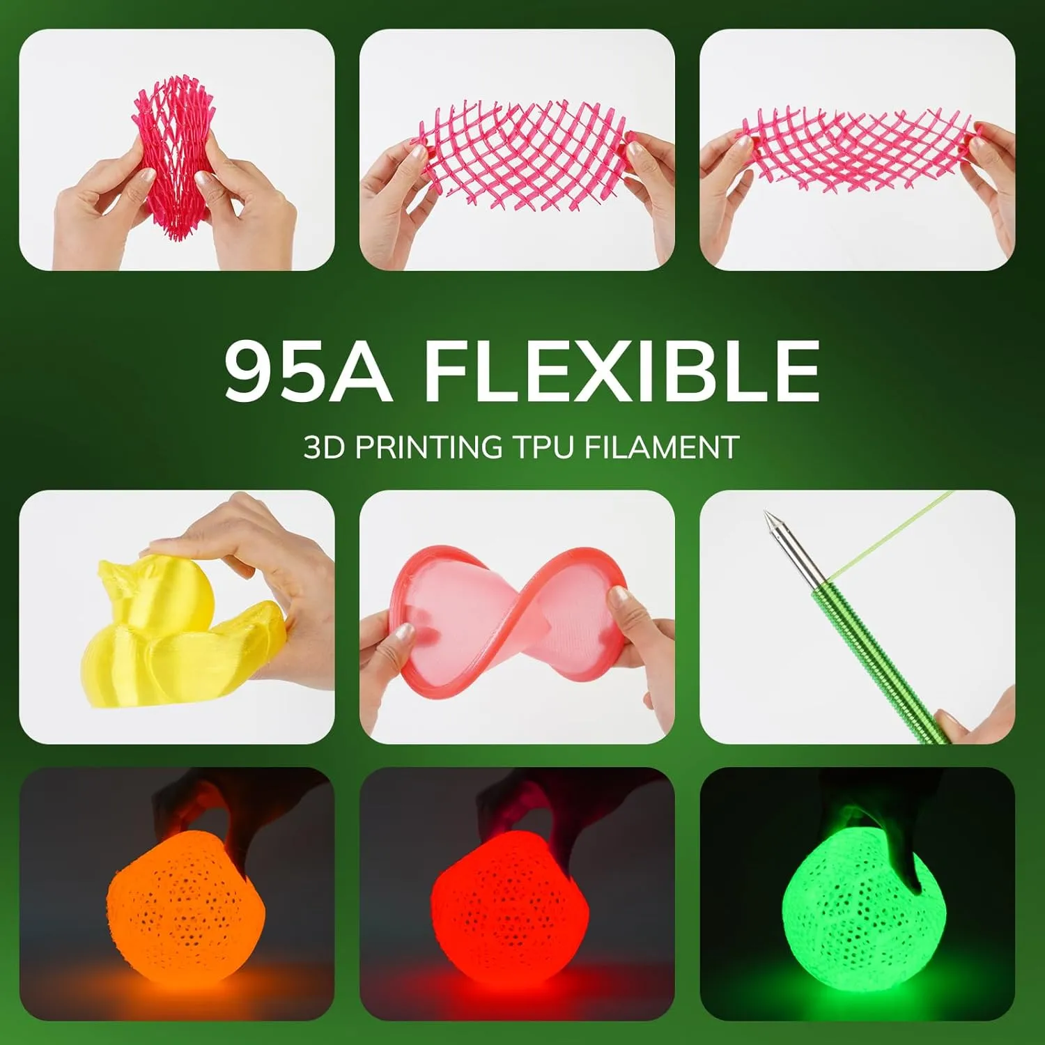 AMOLEN 95A TPU 3D Printer Filament, 1.75mm Glow in The Dark Green, Soft TPU Flexible 3D Printing Filament, High Hardness & Resilience, Best with UV Lamps, 1kg Spool(2.2lbs), Fit Most 3D Printers
