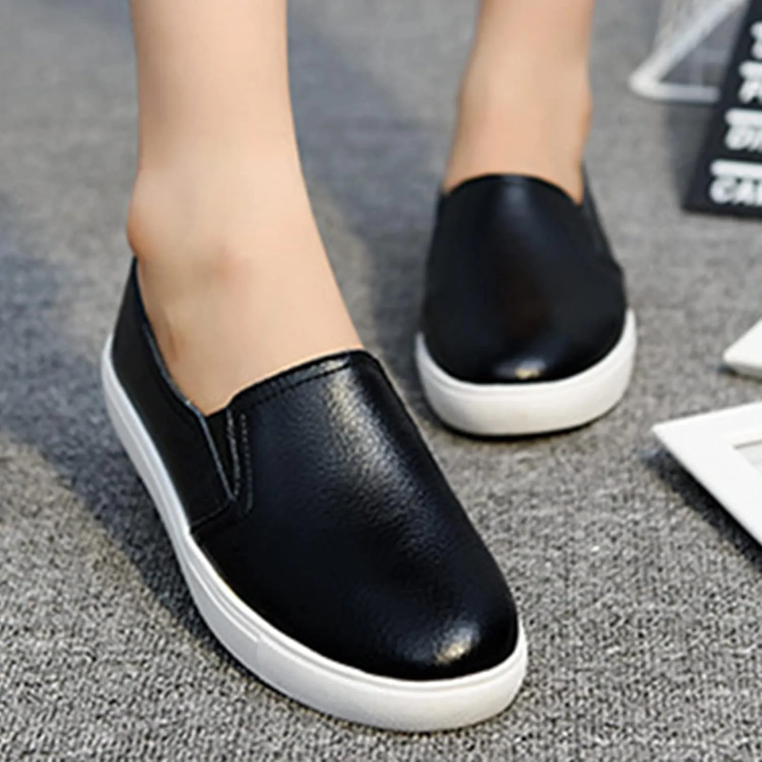 AngryMonkey Women's Leather Slip On Fashion Sneakers,All-Day Comfy Low-Top Non-Slip Softsole Causal Jogging Sports Shoes