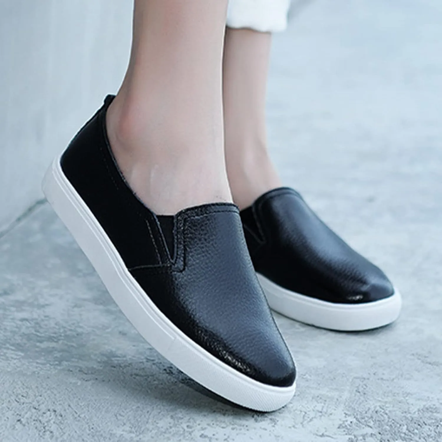 AngryMonkey Women's Leather Slip On Fashion Sneakers,All-Day Comfy Low-Top Non-Slip Softsole Causal Jogging Sports Shoes