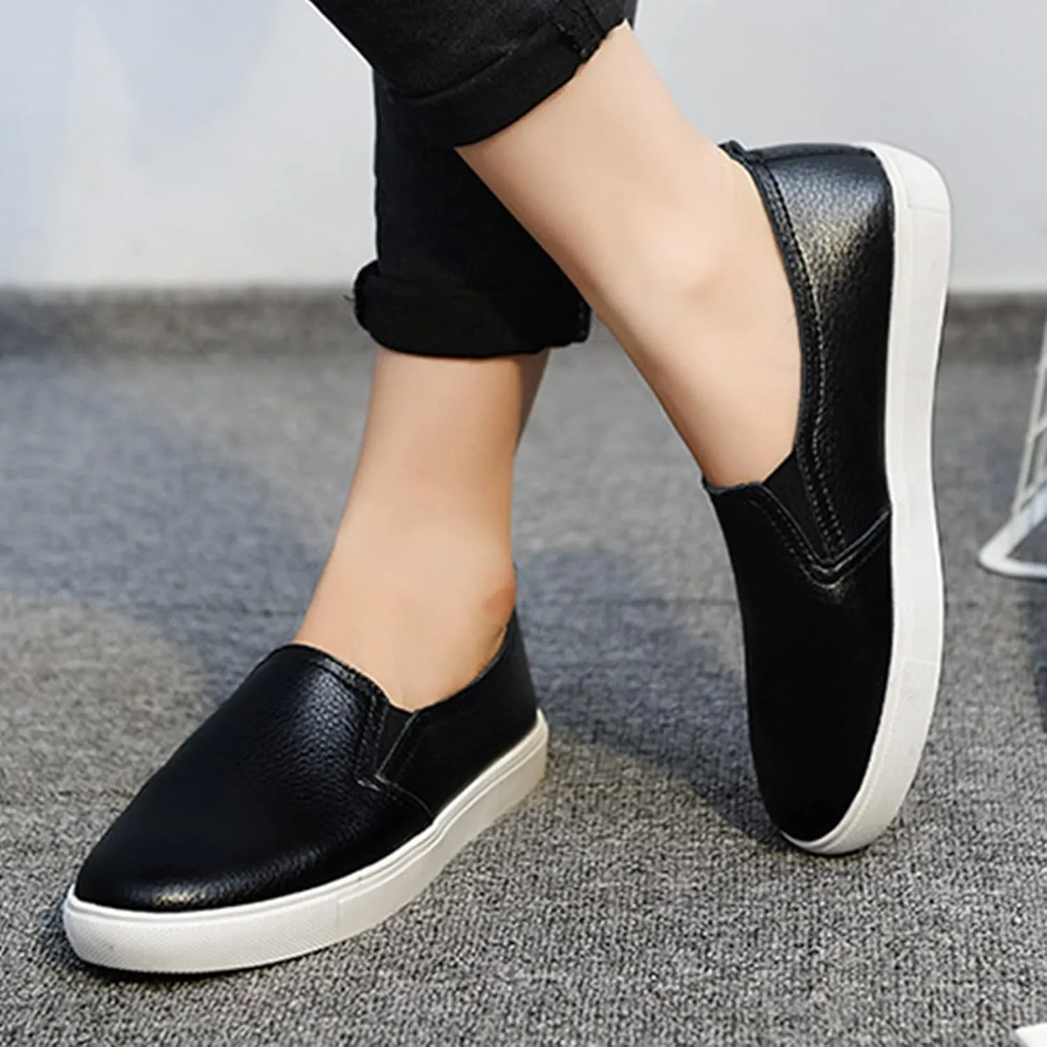 AngryMonkey Women's Leather Slip On Fashion Sneakers,All-Day Comfy Low-Top Non-Slip Softsole Causal Jogging Sports Shoes