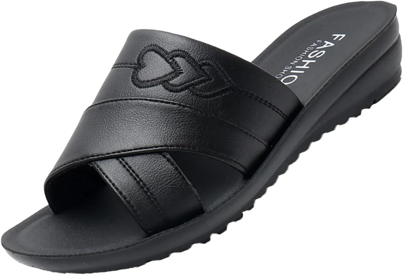 AngryMonkey Women's Wedge Stitch Slippers,Summer Lightweight Comfort Open Toe Casual Slide Softsole Embroidery Leather Sandals