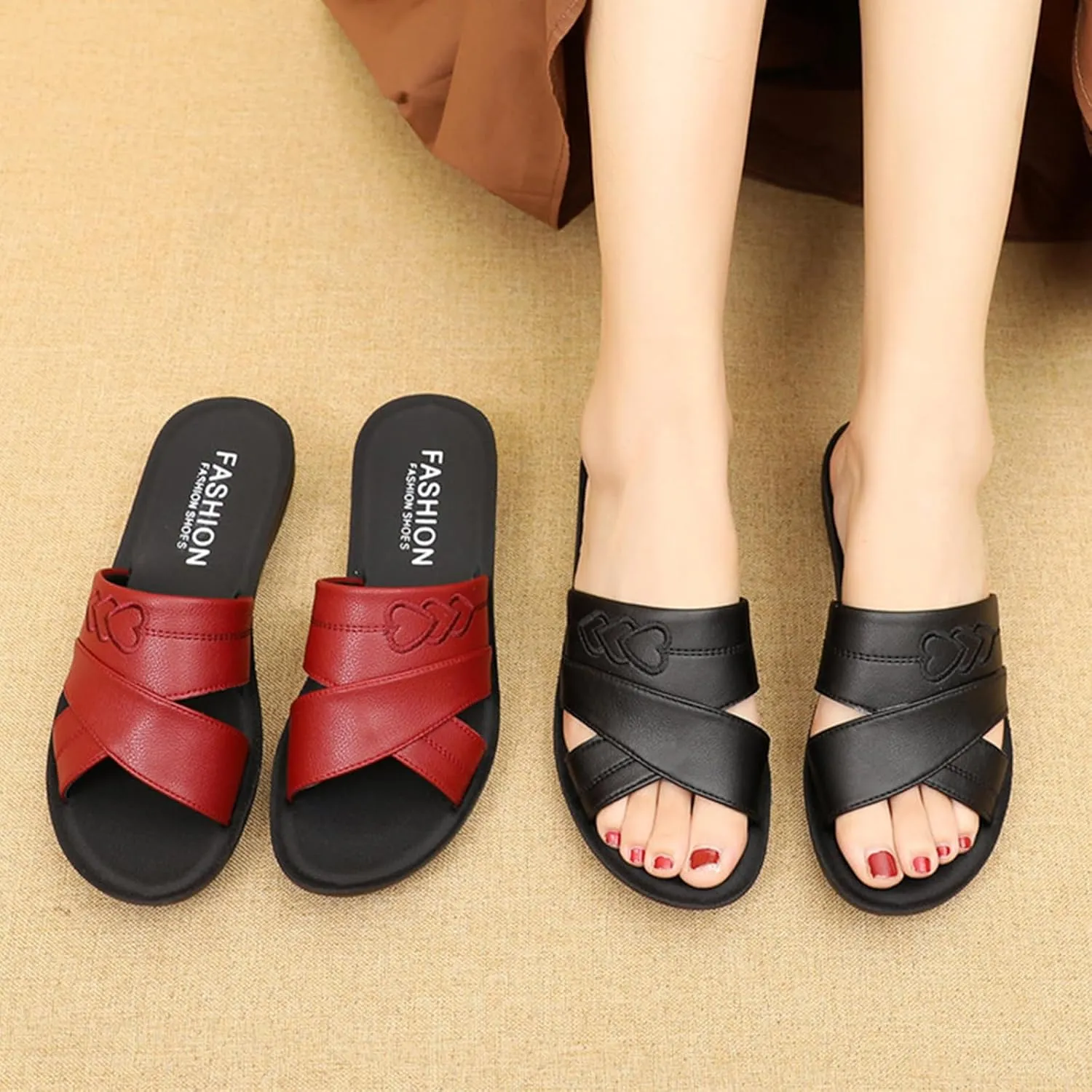 AngryMonkey Women's Wedge Stitch Slippers,Summer Lightweight Comfort Open Toe Casual Slide Softsole Embroidery Leather Sandals