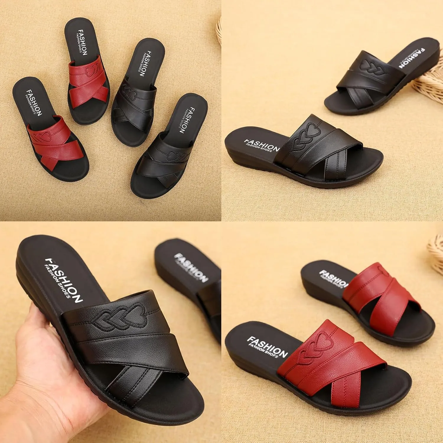 AngryMonkey Women's Wedge Stitch Slippers,Summer Lightweight Comfort Open Toe Casual Slide Softsole Embroidery Leather Sandals