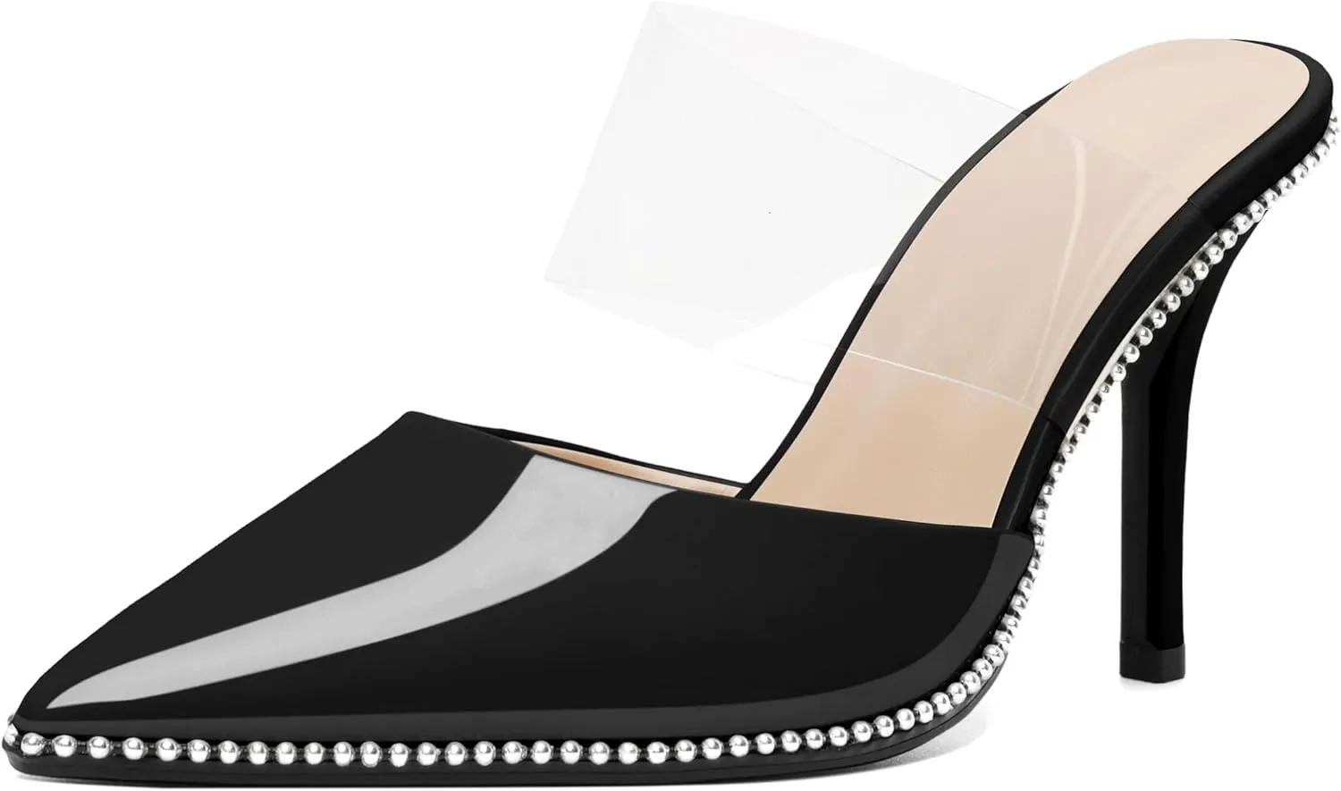 AUMOTED Women Stilettos High Heels Beaded Pumps Closed Pointed Toe Shoes Slip On 3.5 Inch Heeled Mules with PVC Official Business Shoes US Size 5-13