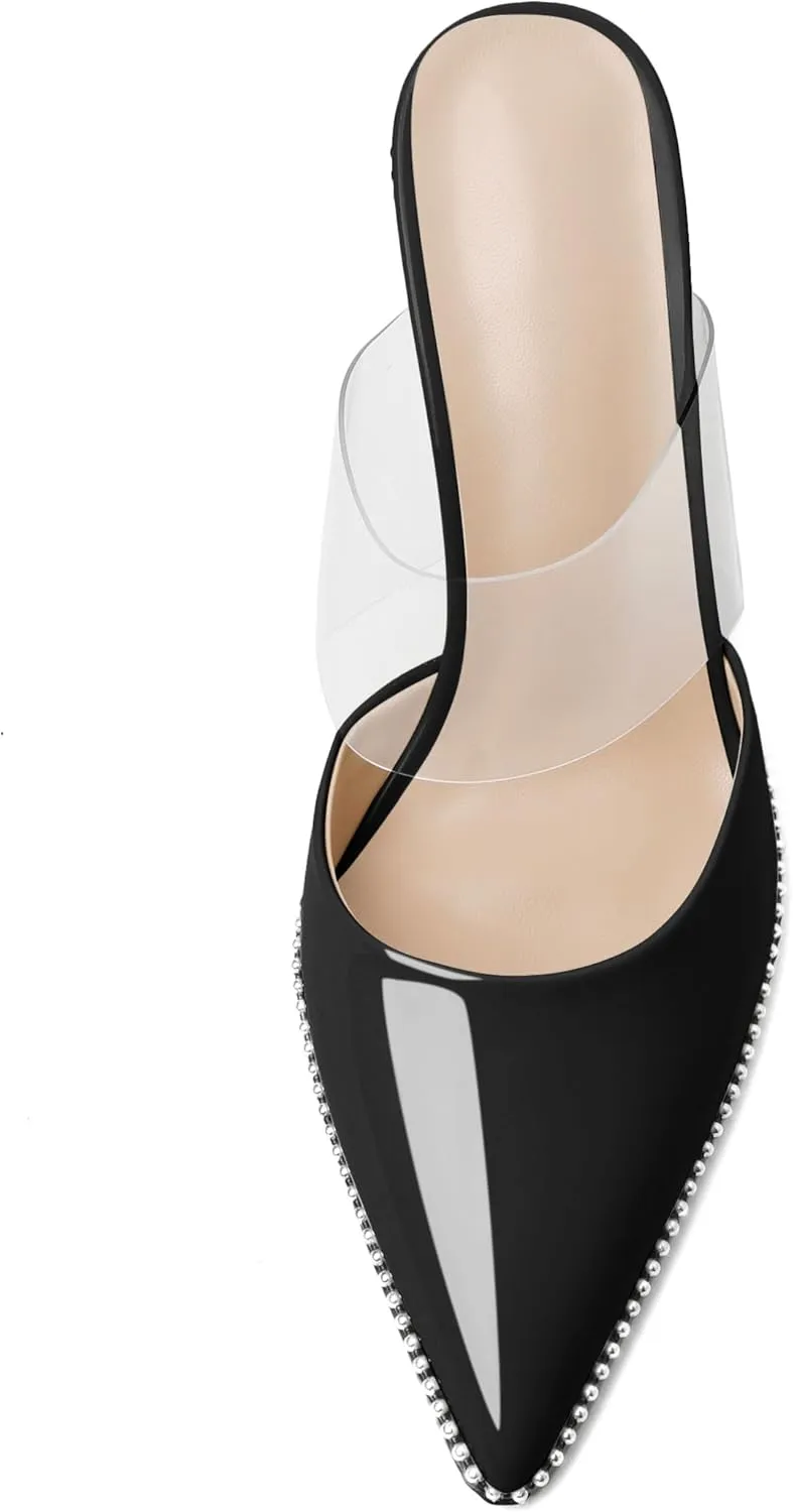 AUMOTED Women Stilettos High Heels Beaded Pumps Closed Pointed Toe Shoes Slip On 3.5 Inch Heeled Mules with PVC Official Business Shoes US Size 5-13