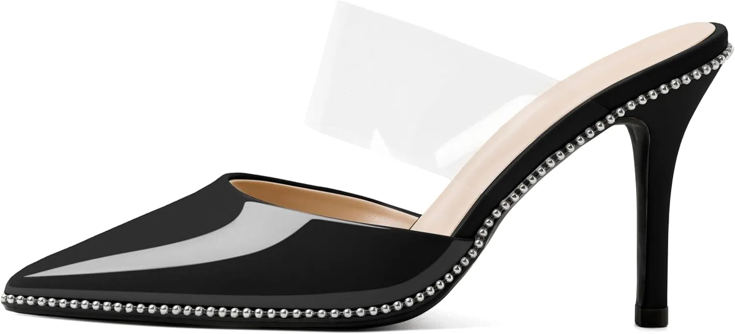 AUMOTED Women Stilettos High Heels Beaded Pumps Closed Pointed Toe Shoes Slip On 3.5 Inch Heeled Mules with PVC Official Business Shoes US Size 5-13