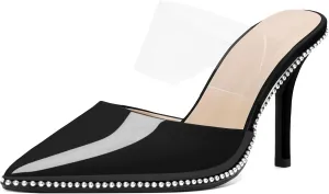AUMOTED Women Stilettos High Heels Beaded Pumps Closed Pointed Toe Shoes Slip On 3.5 Inch Heeled Mules with PVC Official Business Shoes US Size 5-13