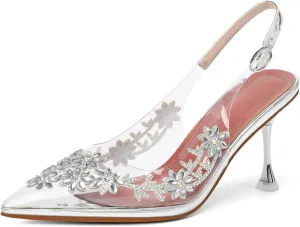 AUMOTED Women's Clear Mule Sandals Pointed Toe Slingback Heels Rhinestone Heels Pumps Wedding Shoes