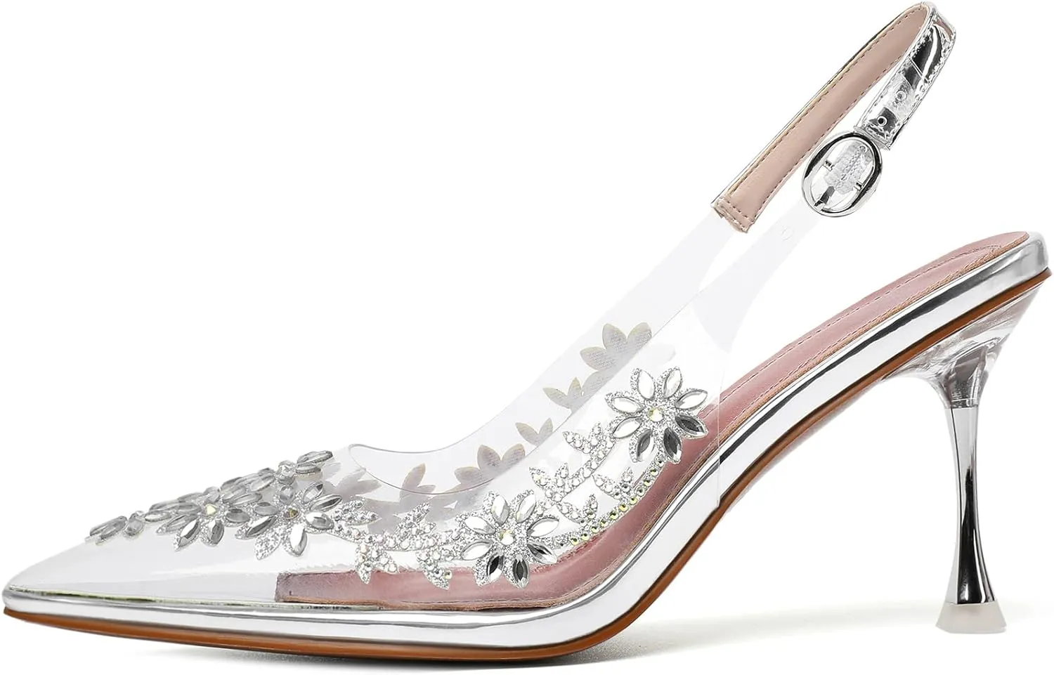 AUMOTED Women's Clear Mule Sandals Pointed Toe Slingback Heels Rhinestone Heels Pumps Wedding Shoes