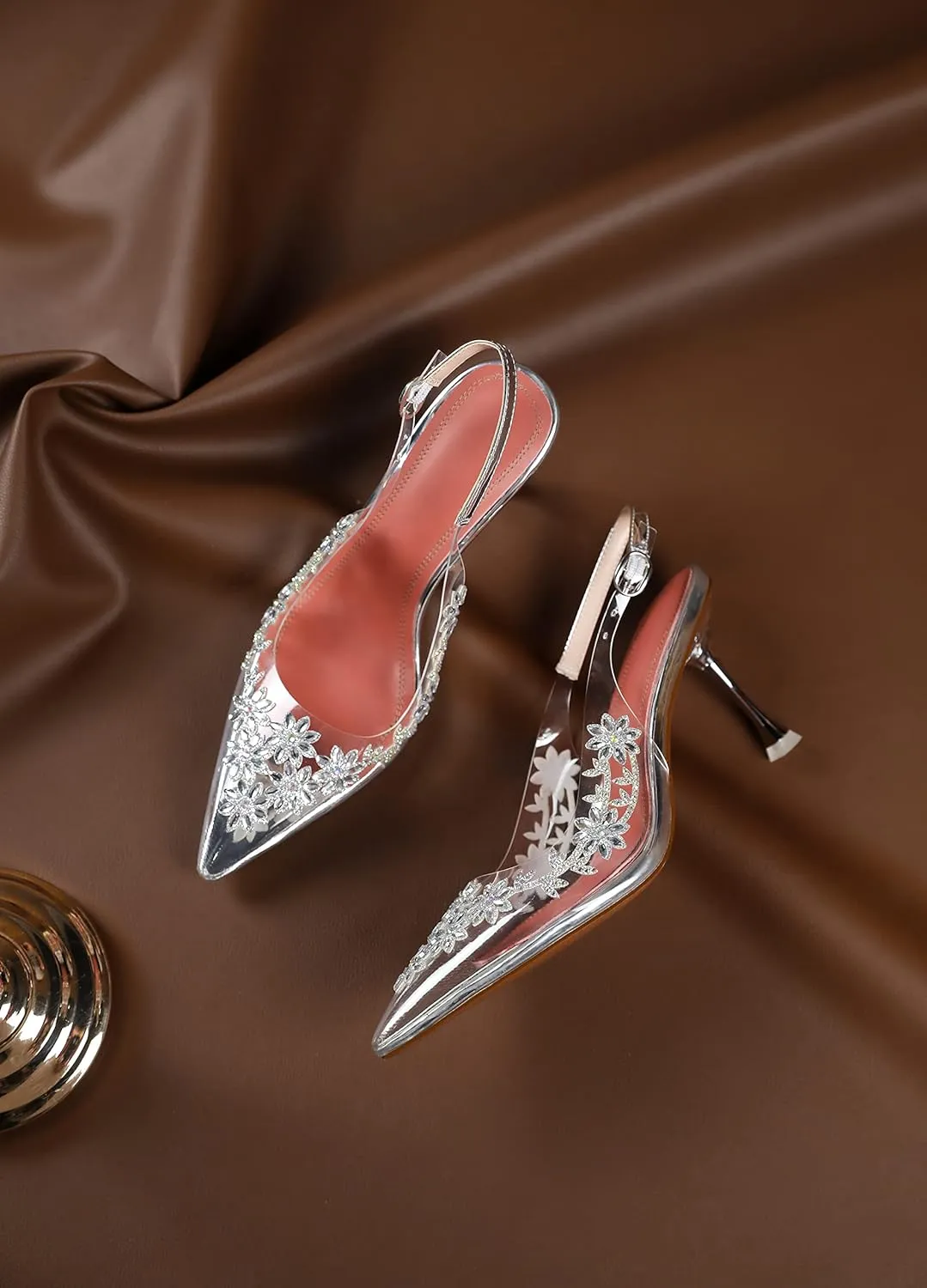 AUMOTED Women's Clear Mule Sandals Pointed Toe Slingback Heels Rhinestone Heels Pumps Wedding Shoes