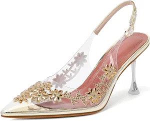 AUMOTED Women's Clear Mule Sandals Pointed Toe Slingback Heels Rhinestone Heels Pumps Wedding Shoes