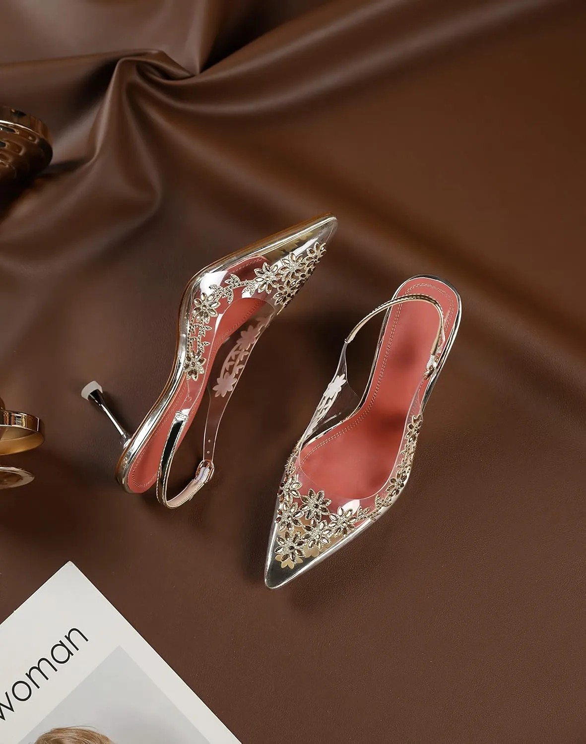 AUMOTED Women's Clear Mule Sandals Pointed Toe Slingback Heels Rhinestone Heels Pumps Wedding Shoes