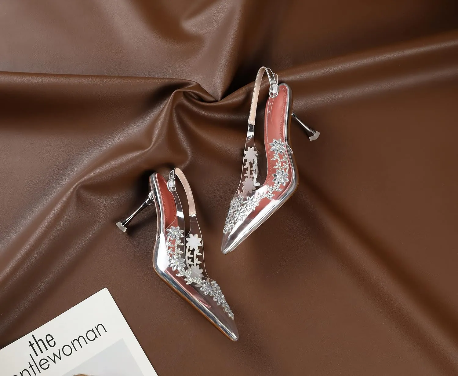 AUMOTED Women's Clear Mule Sandals Pointed Toe Slingback Heels Rhinestone Heels Pumps Wedding Shoes