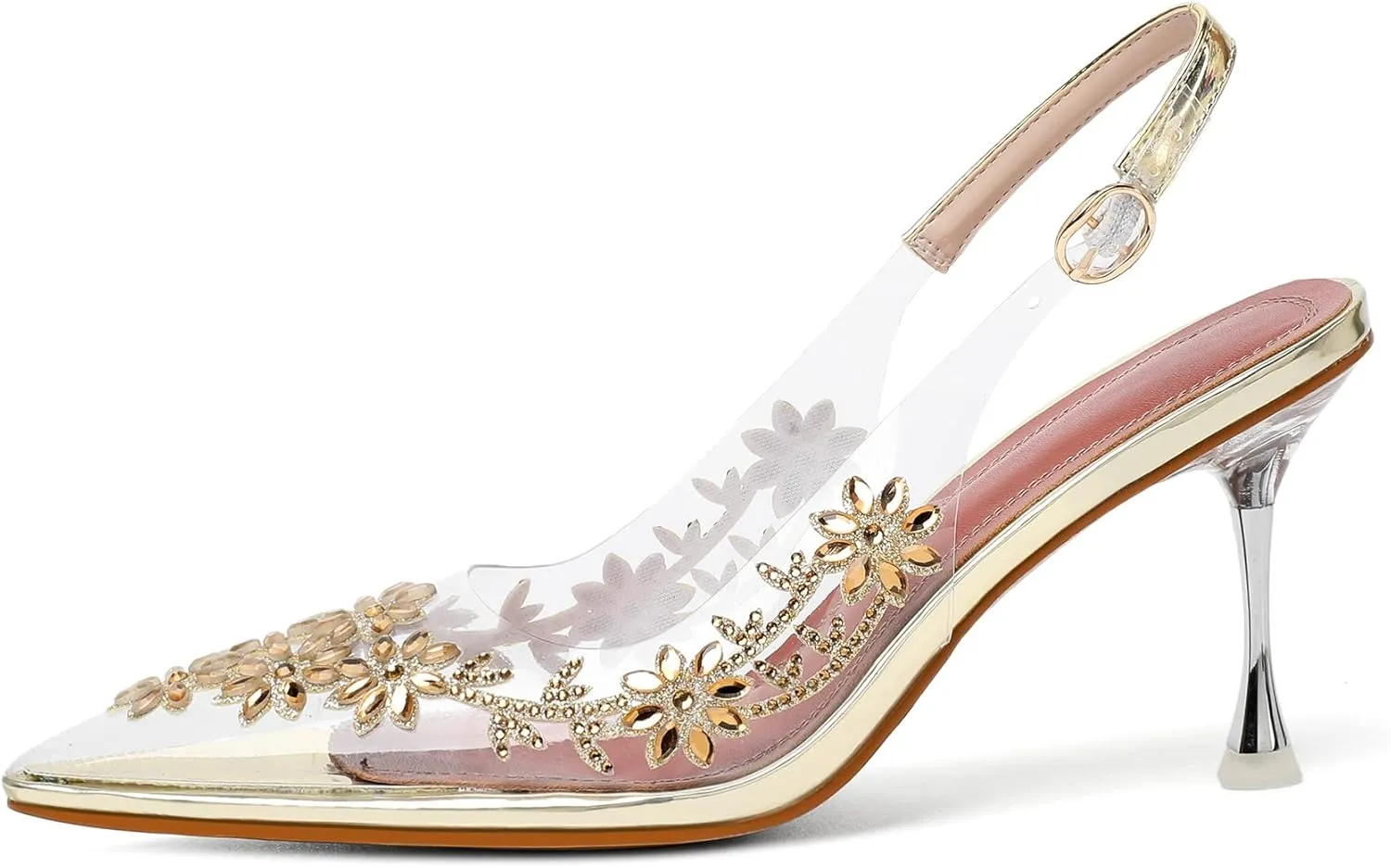 AUMOTED Women's Clear Mule Sandals Pointed Toe Slingback Heels Rhinestone Heels Pumps Wedding Shoes
