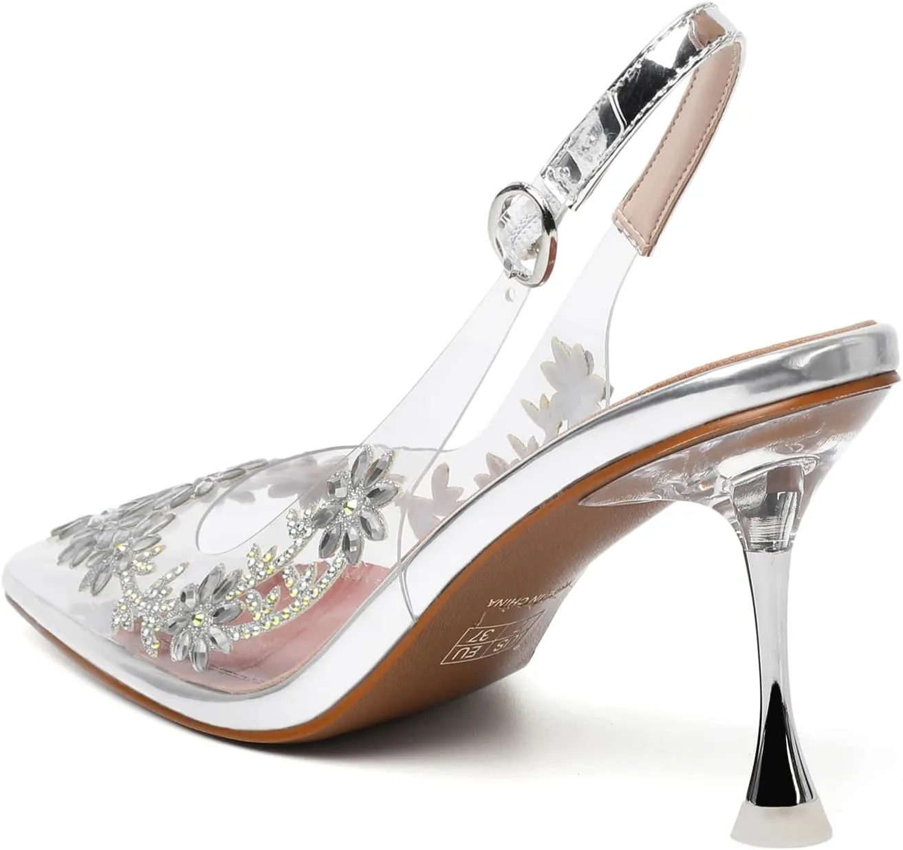 AUMOTED Women's Clear Mule Sandals Pointed Toe Slingback Heels Rhinestone Heels Pumps Wedding Shoes