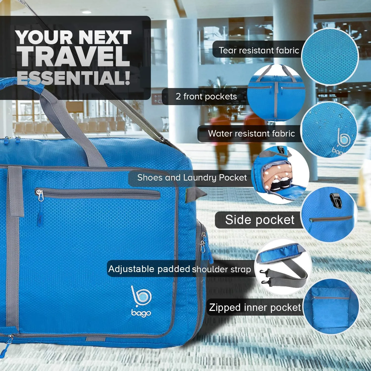 Bago Foldable Duffel Bags for Traveling Women & Men - 40L Sports Packable Duffle Bag for Travel with Shoe Compartment - Water Repellant, Heavy Duty, Lightweight Folding & Collapsible (Blue)