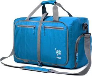 Bago Foldable Duffel Bags for Traveling Women & Men - 40L Sports Packable Duffle Bag for Travel with Shoe Compartment - Water Repellant, Heavy Duty, Lightweight Folding & Collapsible (Blue)