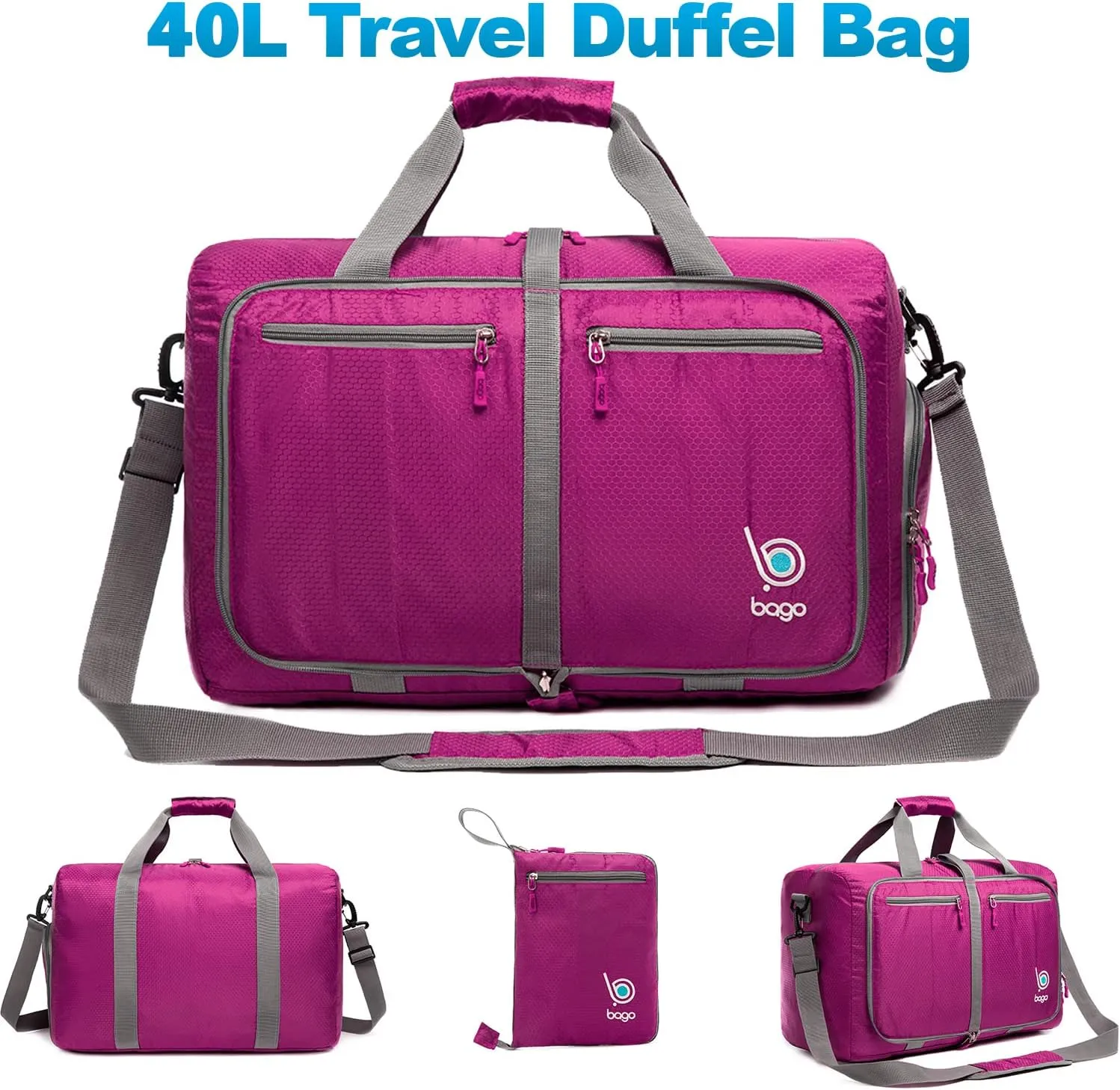 Bago Foldable Duffel Bags for Traveling Women & Men - 40L Sports Packable Duffle Bag for Travel with Shoe Compartment - Water Repellant, Heavy Duty, Lightweight Folding & Collapsible (Pink)