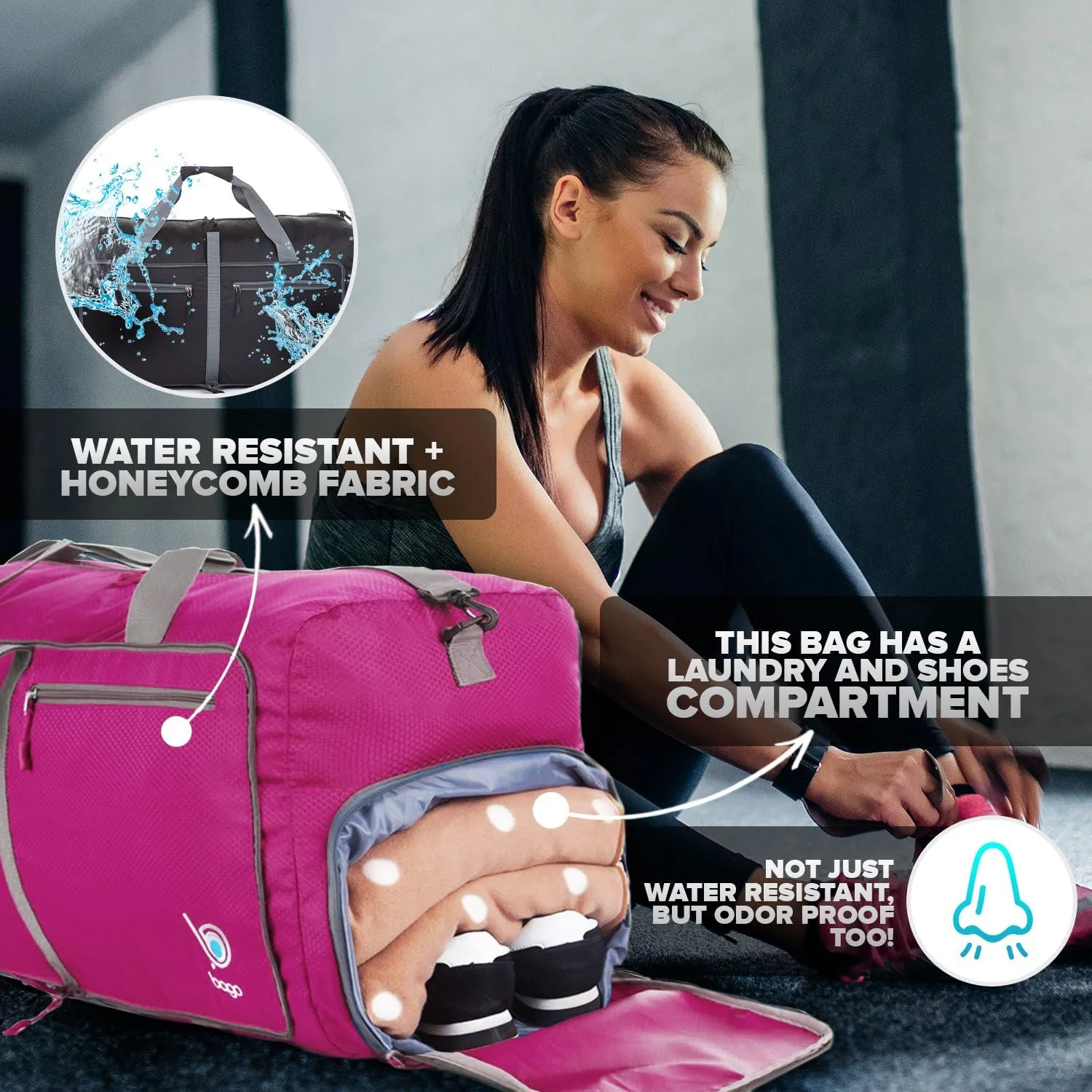Bago Foldable Duffel Bags for Traveling Women & Men - 40L Sports Packable Duffle Bag for Travel with Shoe Compartment - Water Repellant, Heavy Duty, Lightweight Folding & Collapsible (Pink)