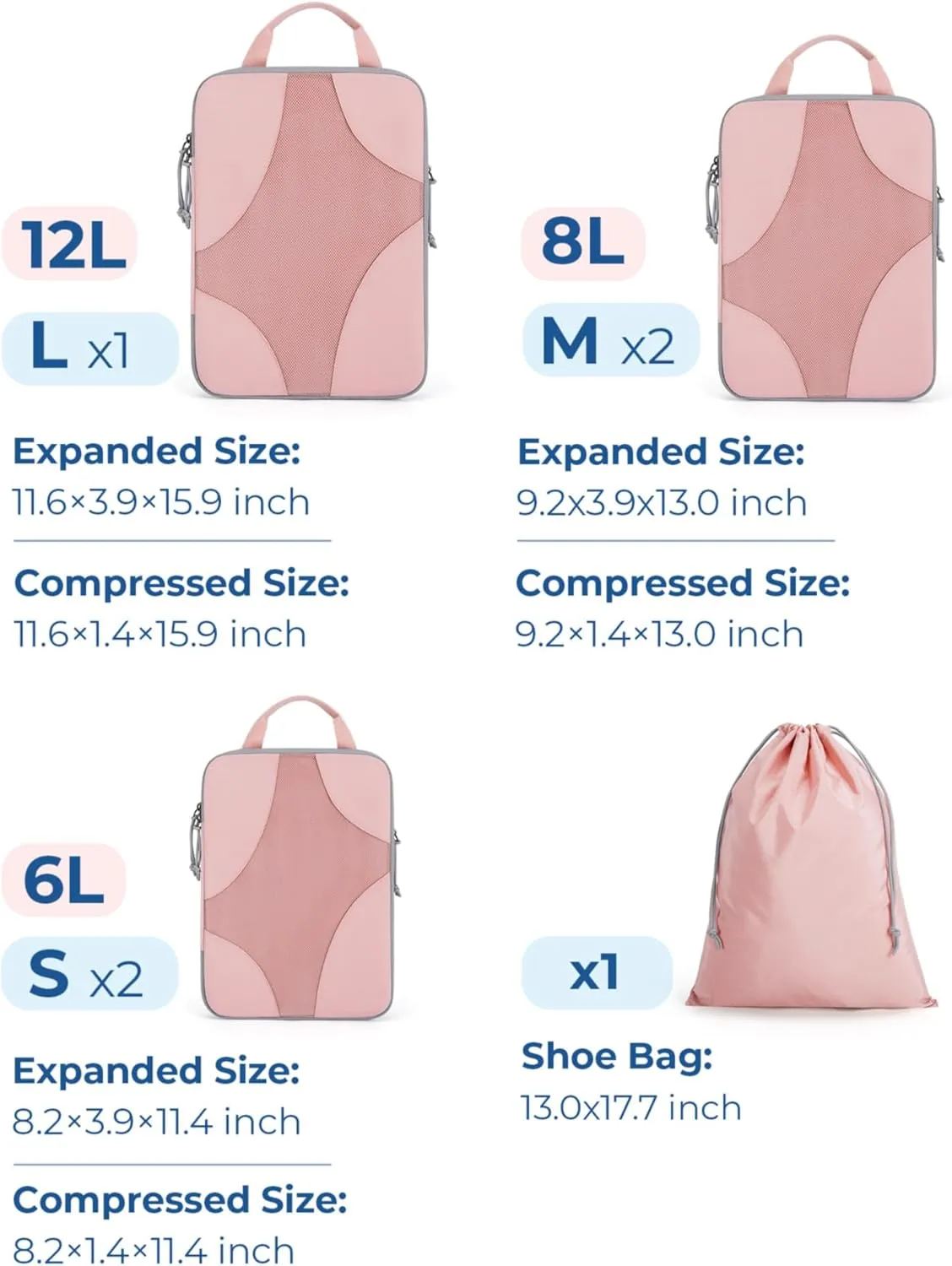 BAGSMART Compression Packing Cubes for Travel, Compressible Luggage Organizer for Cruise Ship, Lightweight Travel Essentials 6-Pack 1L 2M 2S 1Shoe Bag