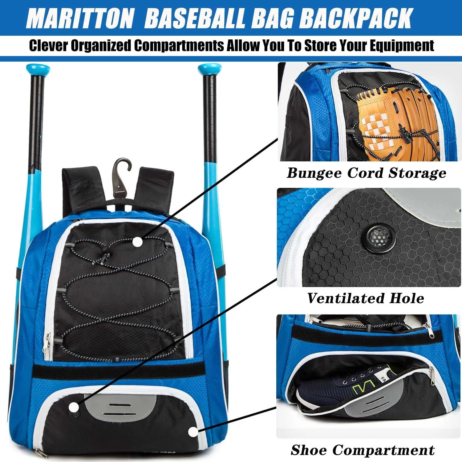 Baseball Bag - Bat Backpack for Baseball, T-Ball & Softball Equipment & Gear for Youth and Adults with Shoe Compartment and Hold Bat, Helmet, Glove and Shoes.