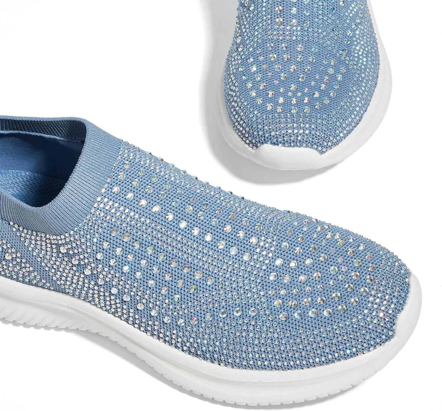 BELOS Women's Rhinestone Mesh Slip On Walking Shoes Fashion Breathable Spakle Glitter Sneaker