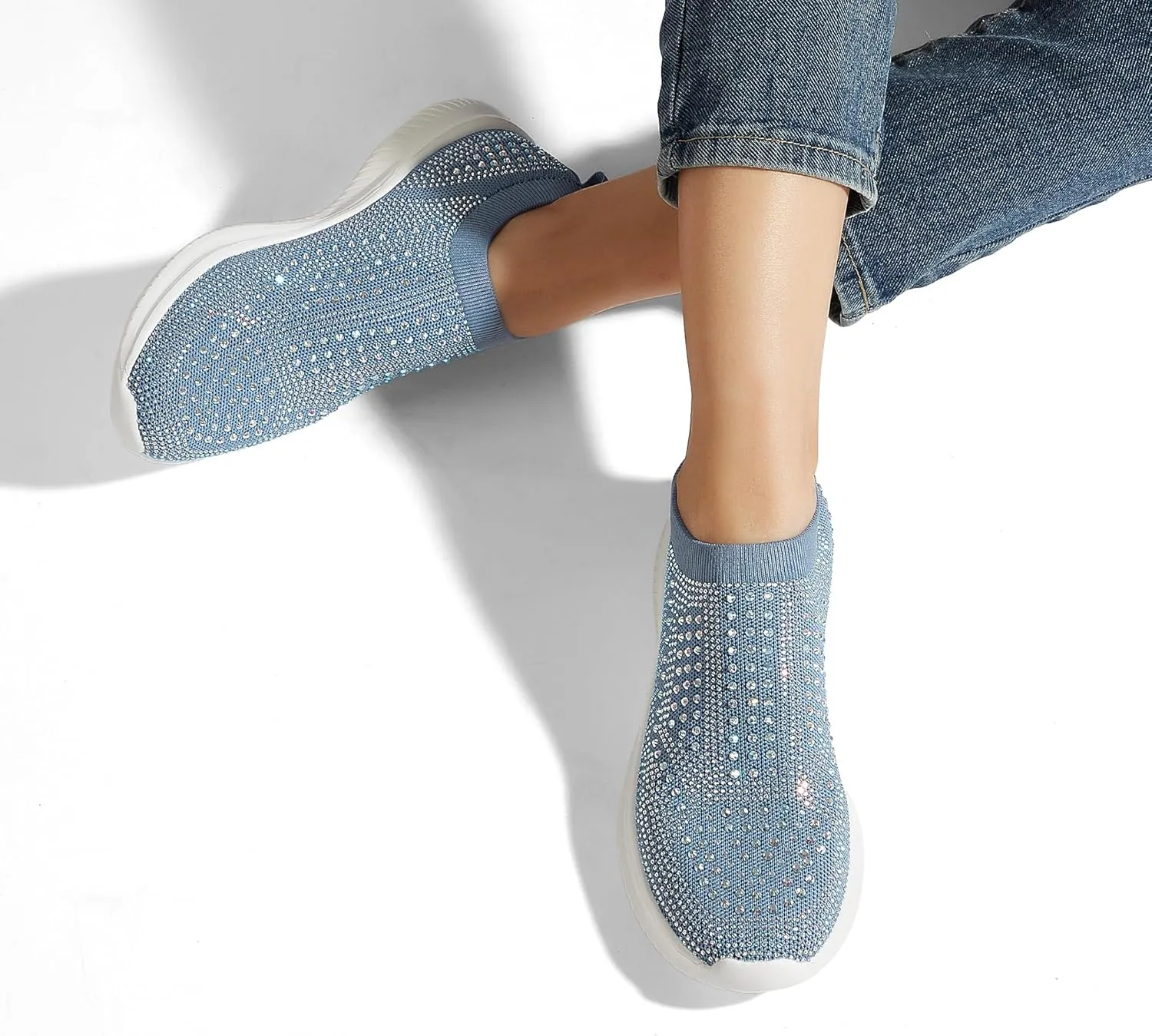 BELOS Women's Rhinestone Mesh Slip On Walking Shoes Fashion Breathable Spakle Glitter Sneaker