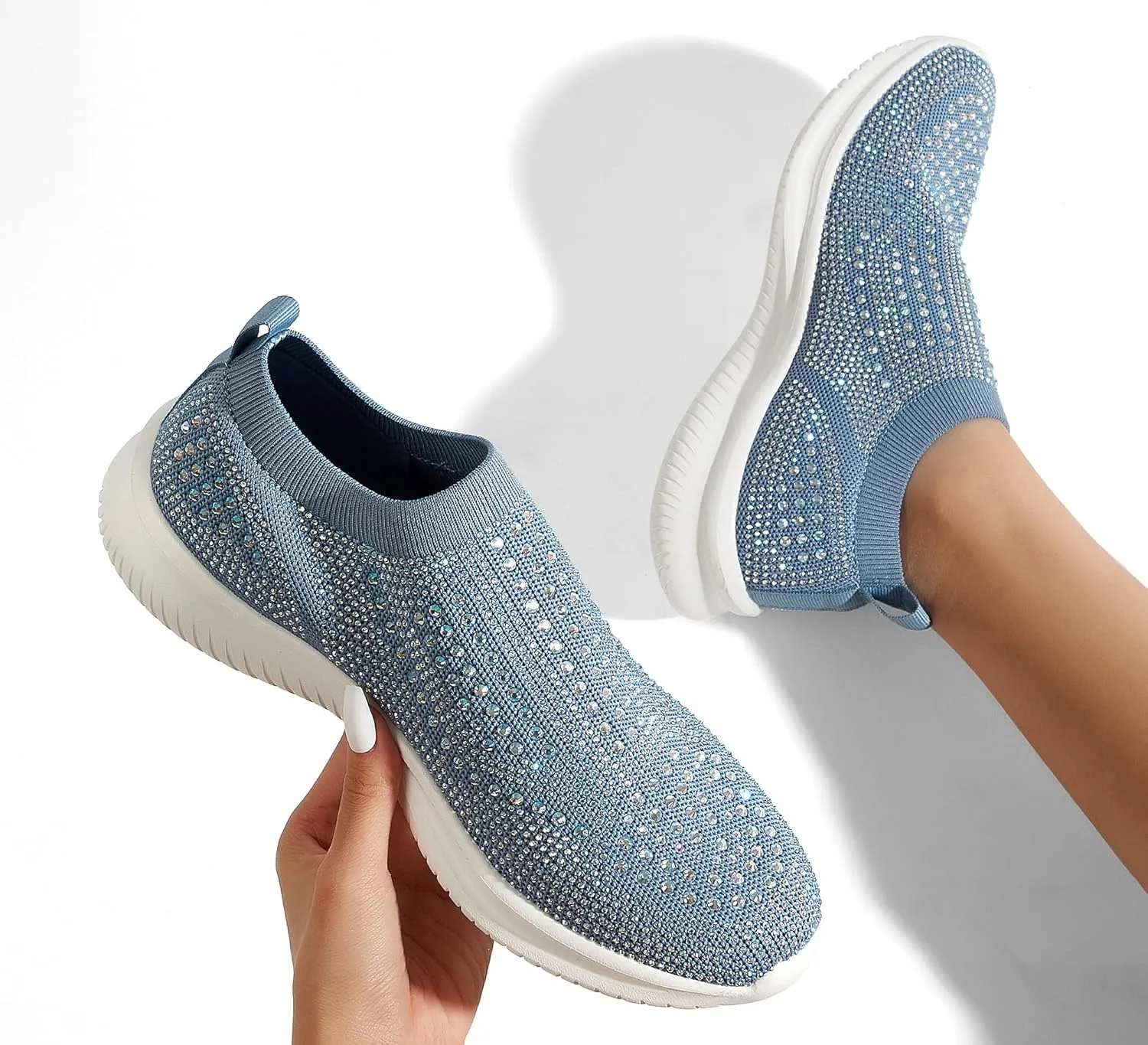 BELOS Women's Rhinestone Mesh Slip On Walking Shoes Fashion Breathable Spakle Glitter Sneaker
