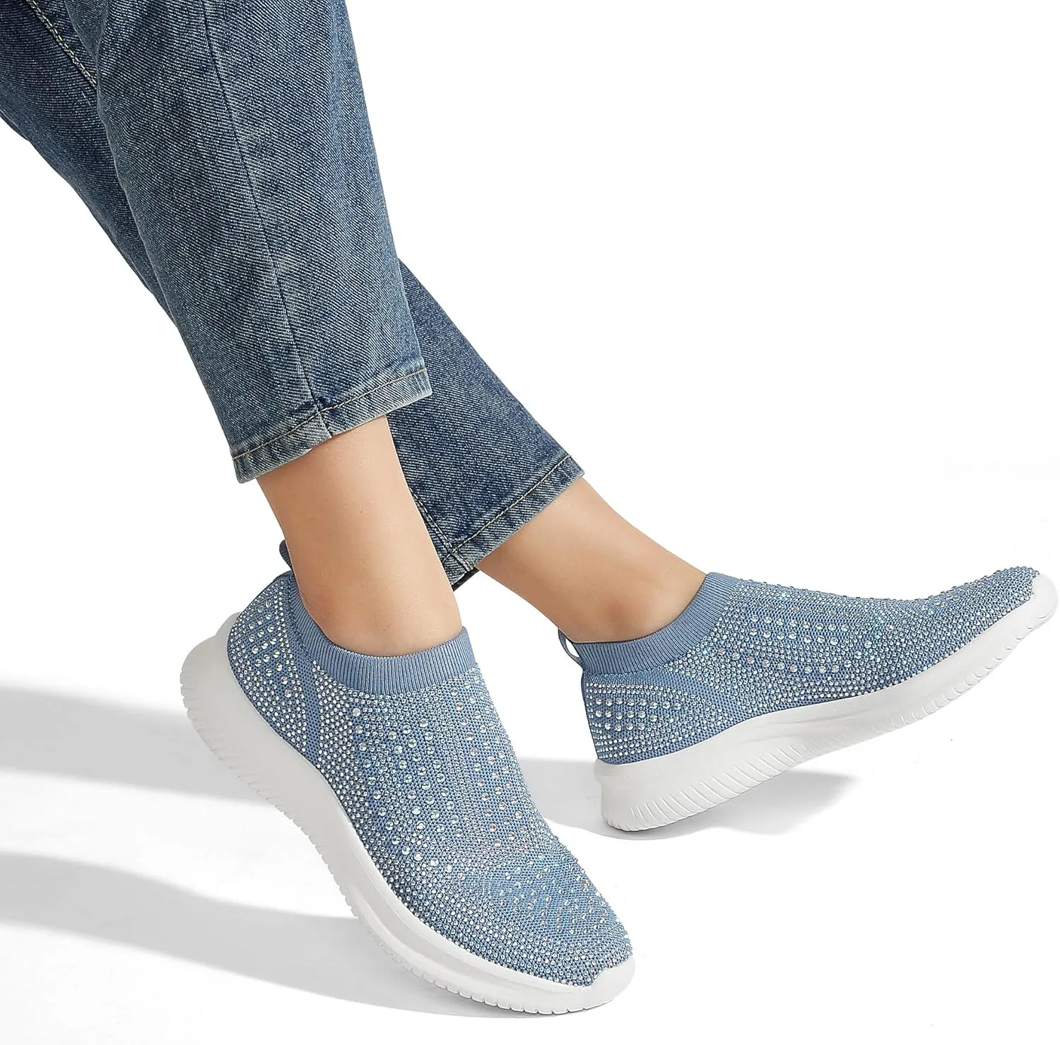 BELOS Women's Rhinestone Mesh Slip On Walking Shoes Fashion Breathable Spakle Glitter Sneaker