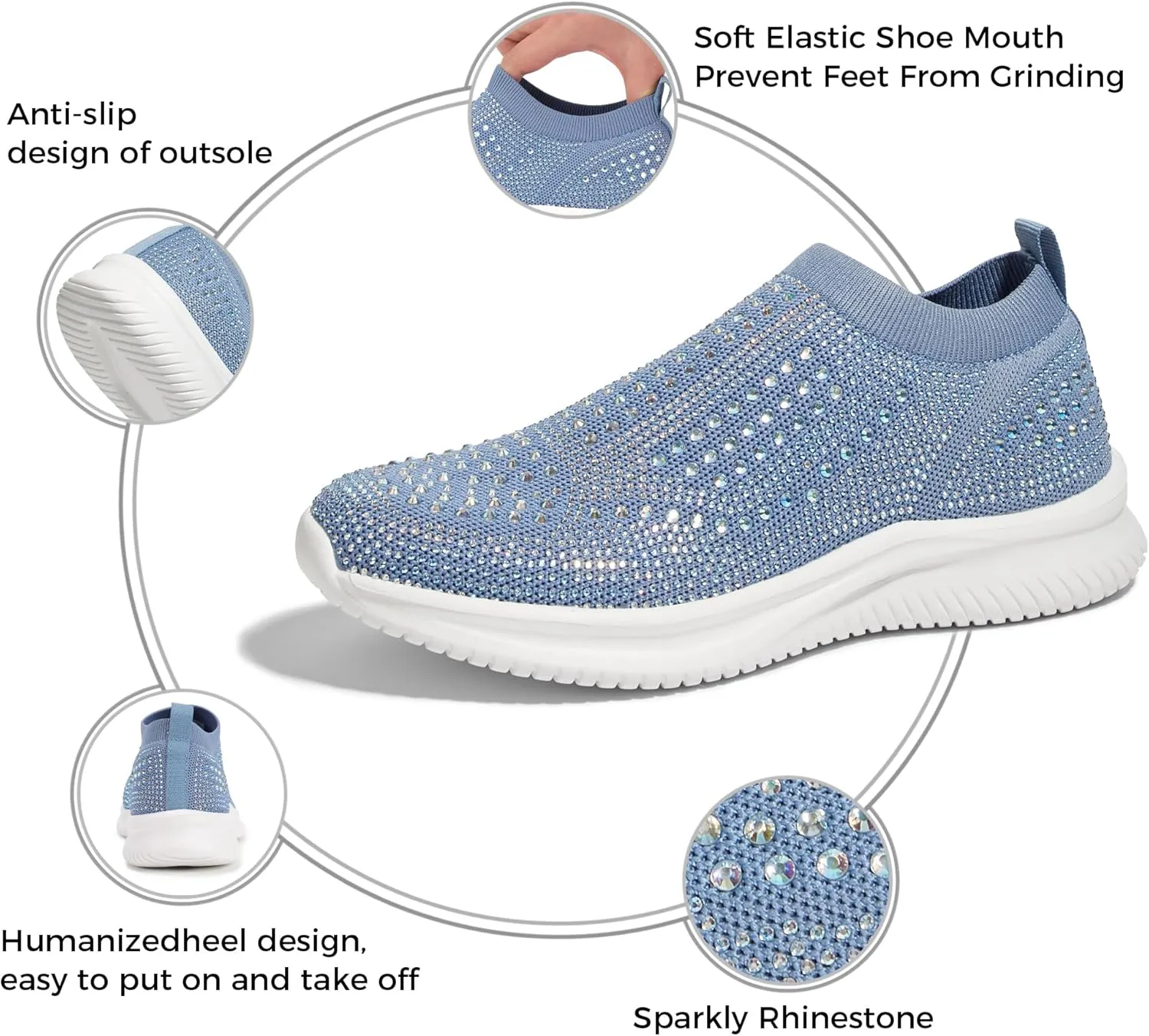 BELOS Women's Rhinestone Mesh Slip On Walking Shoes Fashion Breathable Spakle Glitter Sneaker