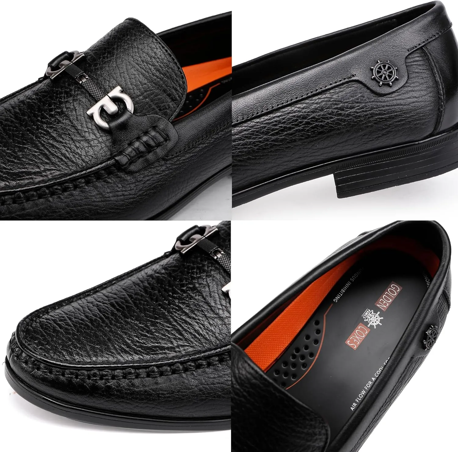 Black Leather Dress Shoes for Men, Casual Metal Buckle Formal Business Shoes Wedding Slip on Loafer Party Dress Shoes