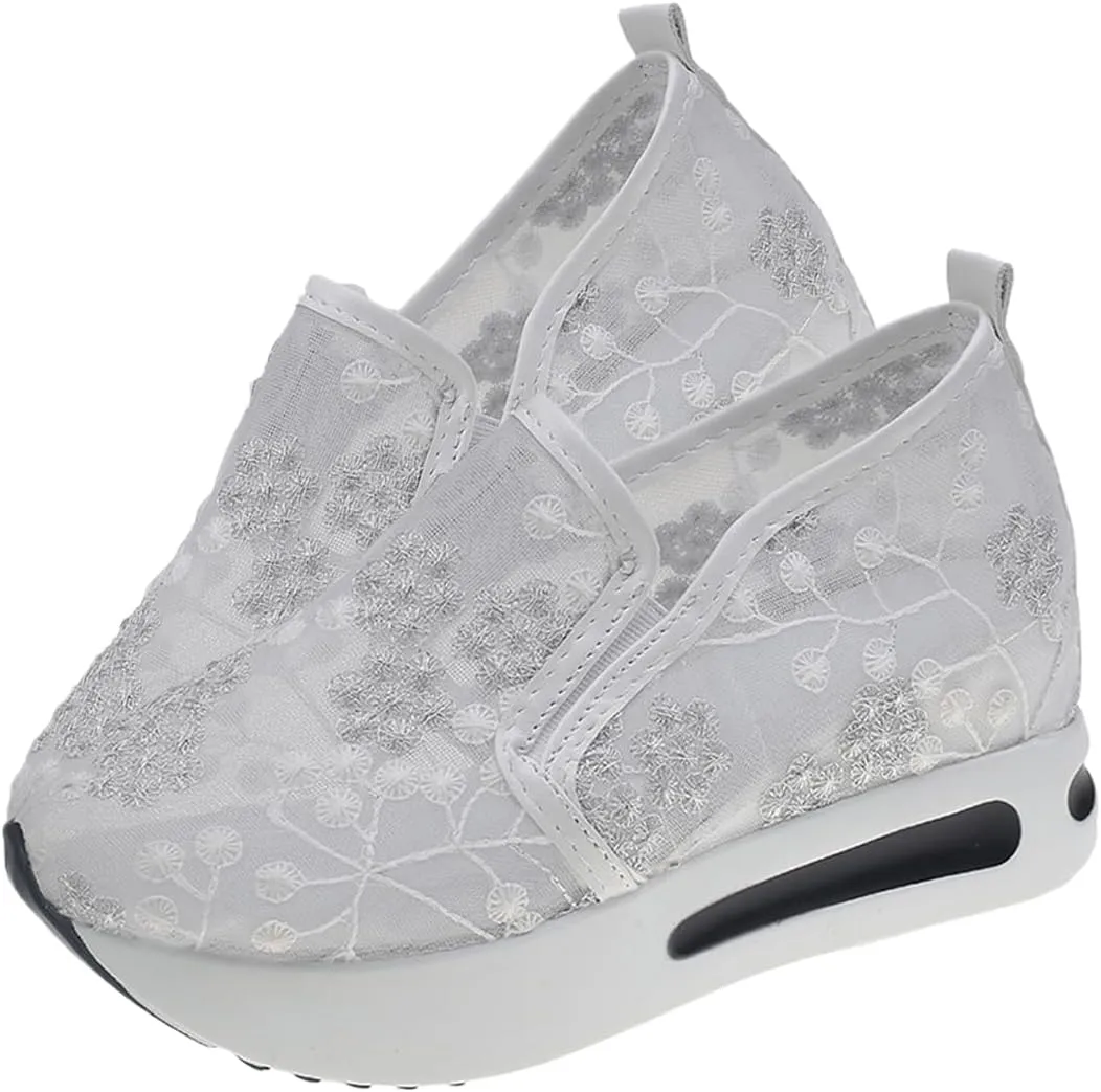 Breathable Mesh Floral Sneakers – Slip-On Platform Wedge Shoes with Arch Support for Walking & Work