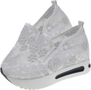 Breathable Mesh Floral Sneakers – Slip-On Platform Wedge Shoes with Arch Support for Walking & Work