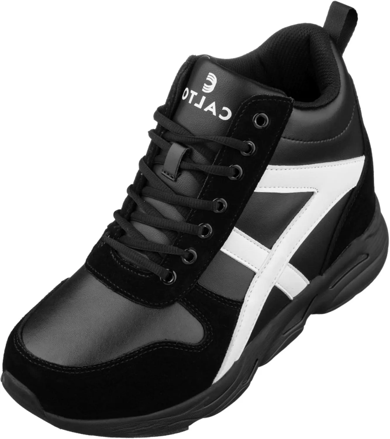 CALTO Men's Invisible Height Increasing Elevator Shoes - Black/White Lace-up High-Top Hiking Style Sneaker Boots - 3.6 Inches Taller - S22783 - Size 8 D(M) US