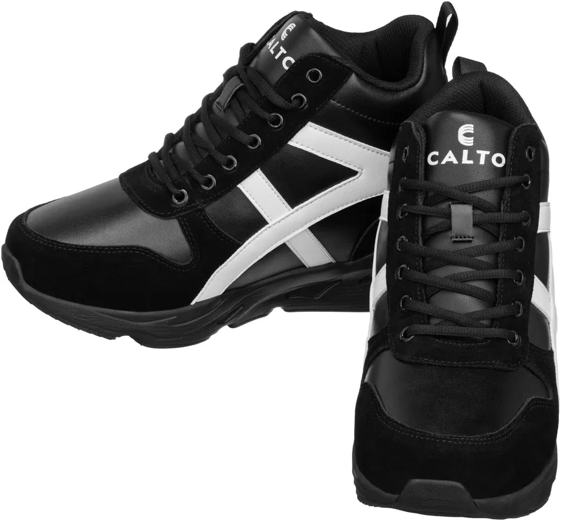 CALTO Men's Invisible Height Increasing Elevator Shoes - Black/White Lace-up High-Top Hiking Style Sneaker Boots - 3.6 Inches Taller - S22783 - Size 8 D(M) US