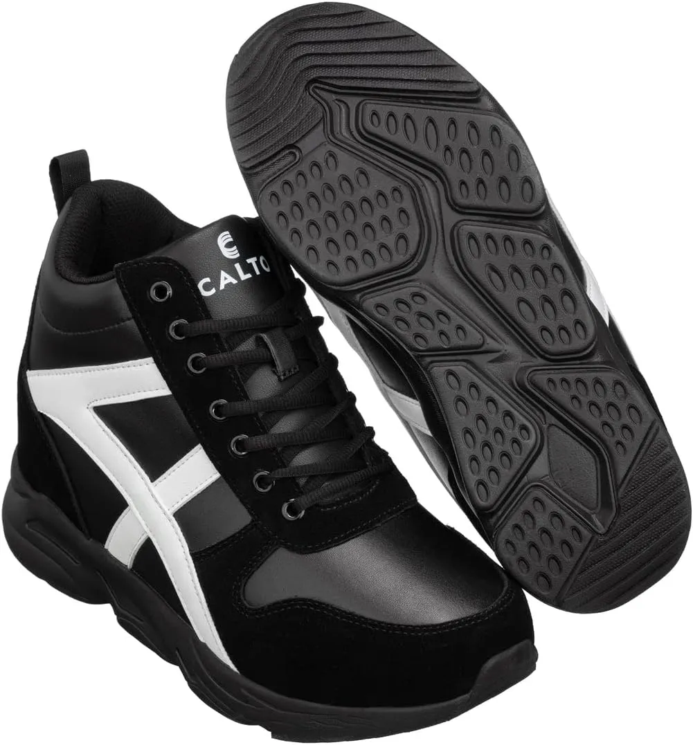 CALTO Men's Invisible Height Increasing Elevator Shoes - Black/White Lace-up High-Top Hiking Style Sneaker Boots - 3.6 Inches Taller - S22783 - Size 8 D(M) US